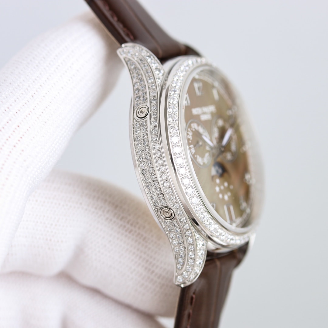 Fake Patek Philippe Replica Watch 4948G-001 Complications Ladies Annual Calendar Moon Phase 38mm Black Tahitian Mother of Pearl Arabic White Gold Diamond Set Leather(1:1 replica) - Top club