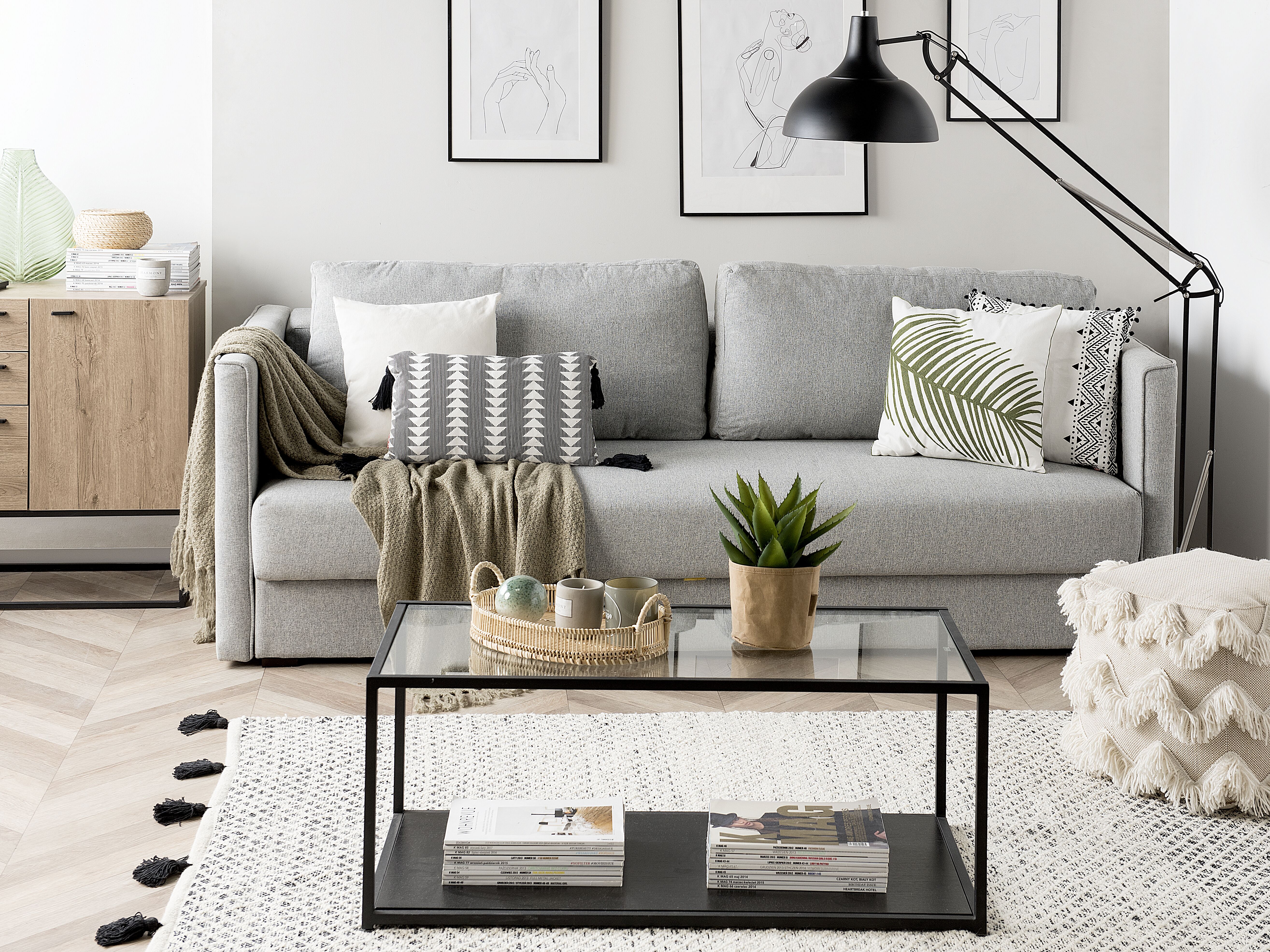 Sofa Bed 3 Seater EKSJO Fabric Light Grey with Storage