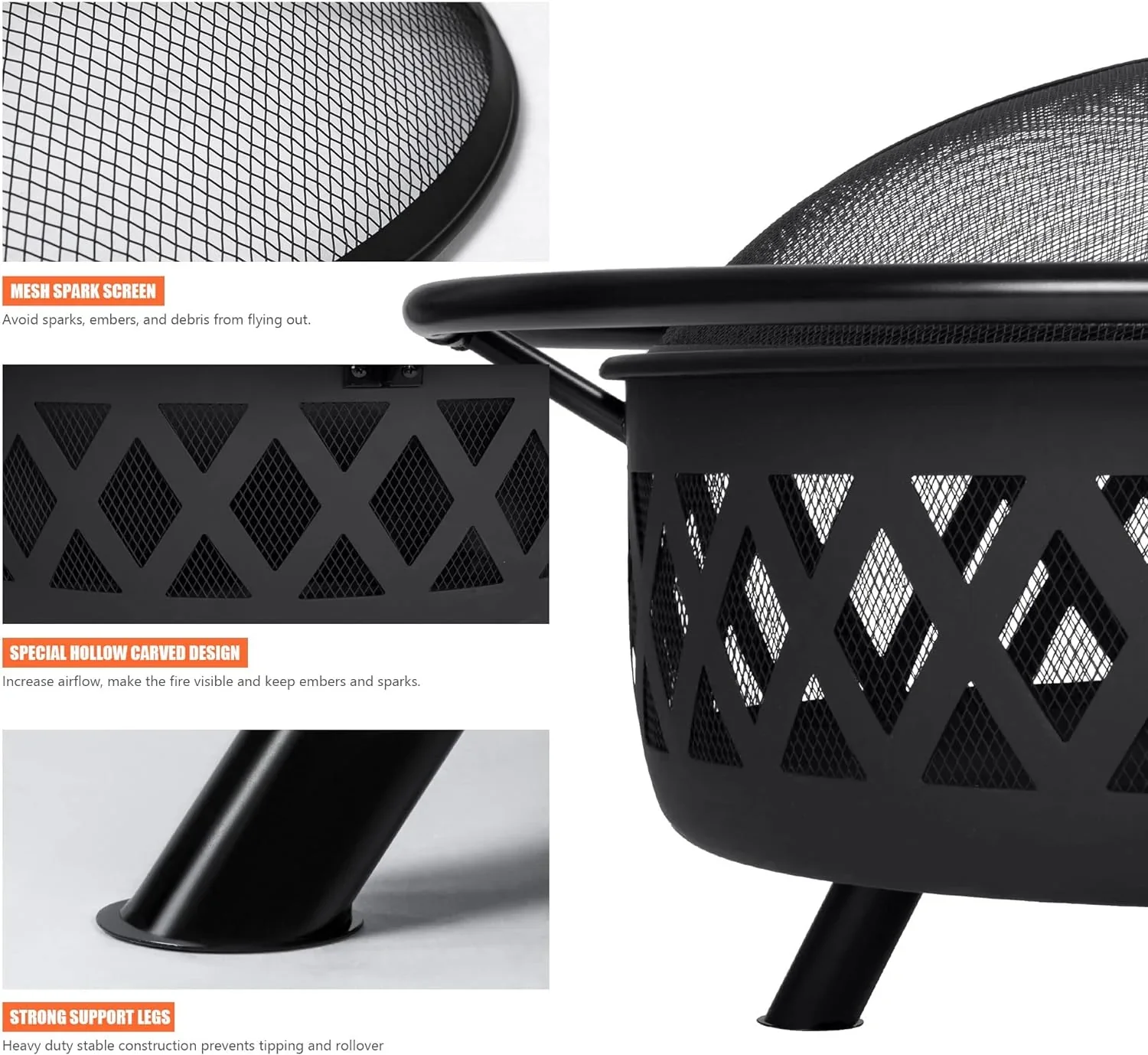 SUNCREAT 42-Inch Wood Burning Patio Fire Pit, Black, 42.1 Inch Diameter x 25.2 Inch High - Image 25 SUNCREAT 42-Inch Wood Burning Patio Fire Pit, Black, 42.1 Inch Diameter x 25.2 Inch High - Image 25