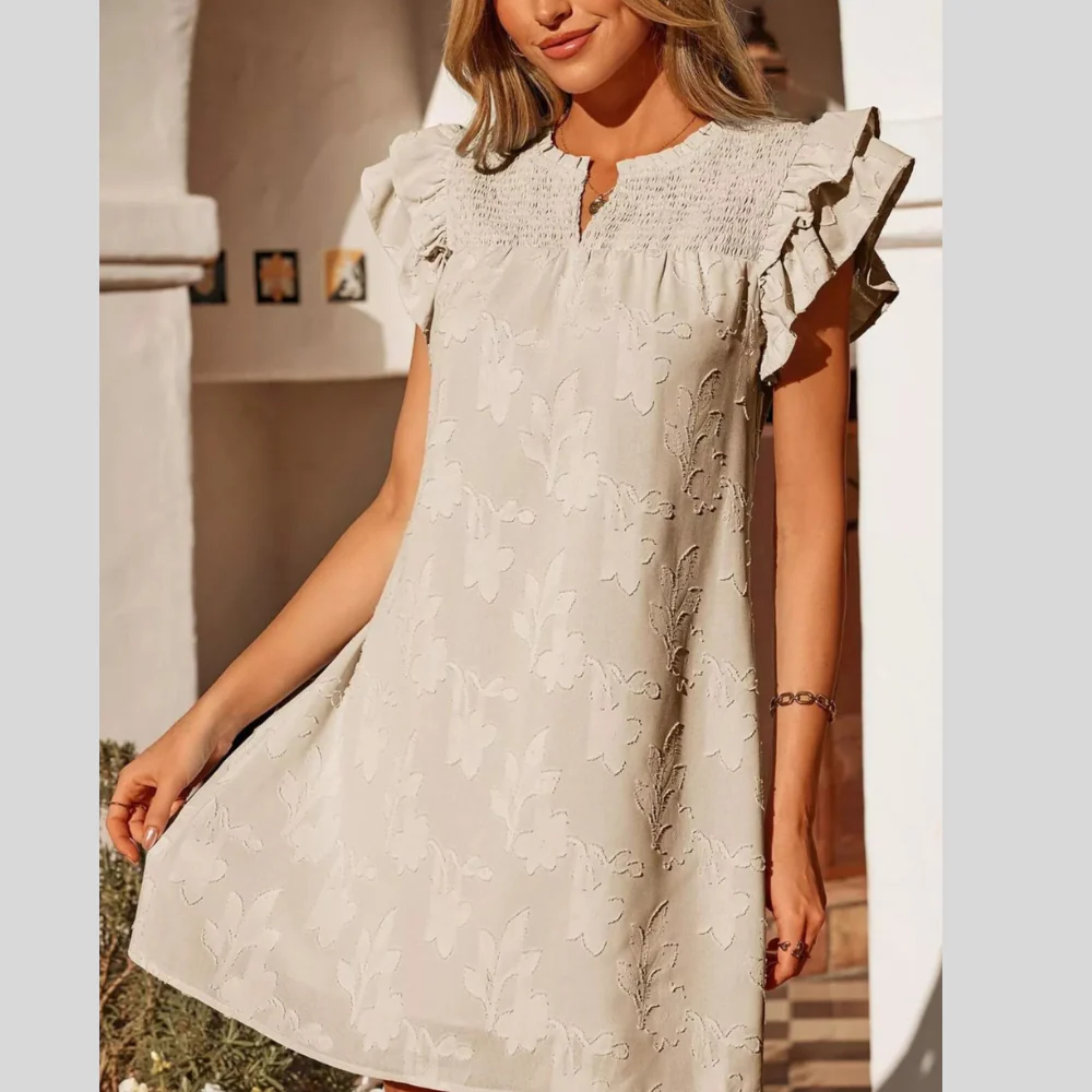 Floral Embossed Ruffle Sleeve Mini Dress - ZKZOOK