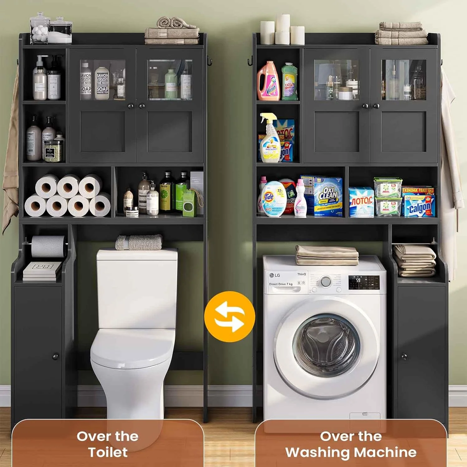 Over The Toilet Storage Cabinet with 3 Doors, Farmhouse Space Saver for Bathroom Organizer with Paper Holder, 10 Shelves and Hooks, 7-Tier Over Washing Machine Cabinet for Laundry, Bathroom, Natural - Image 32