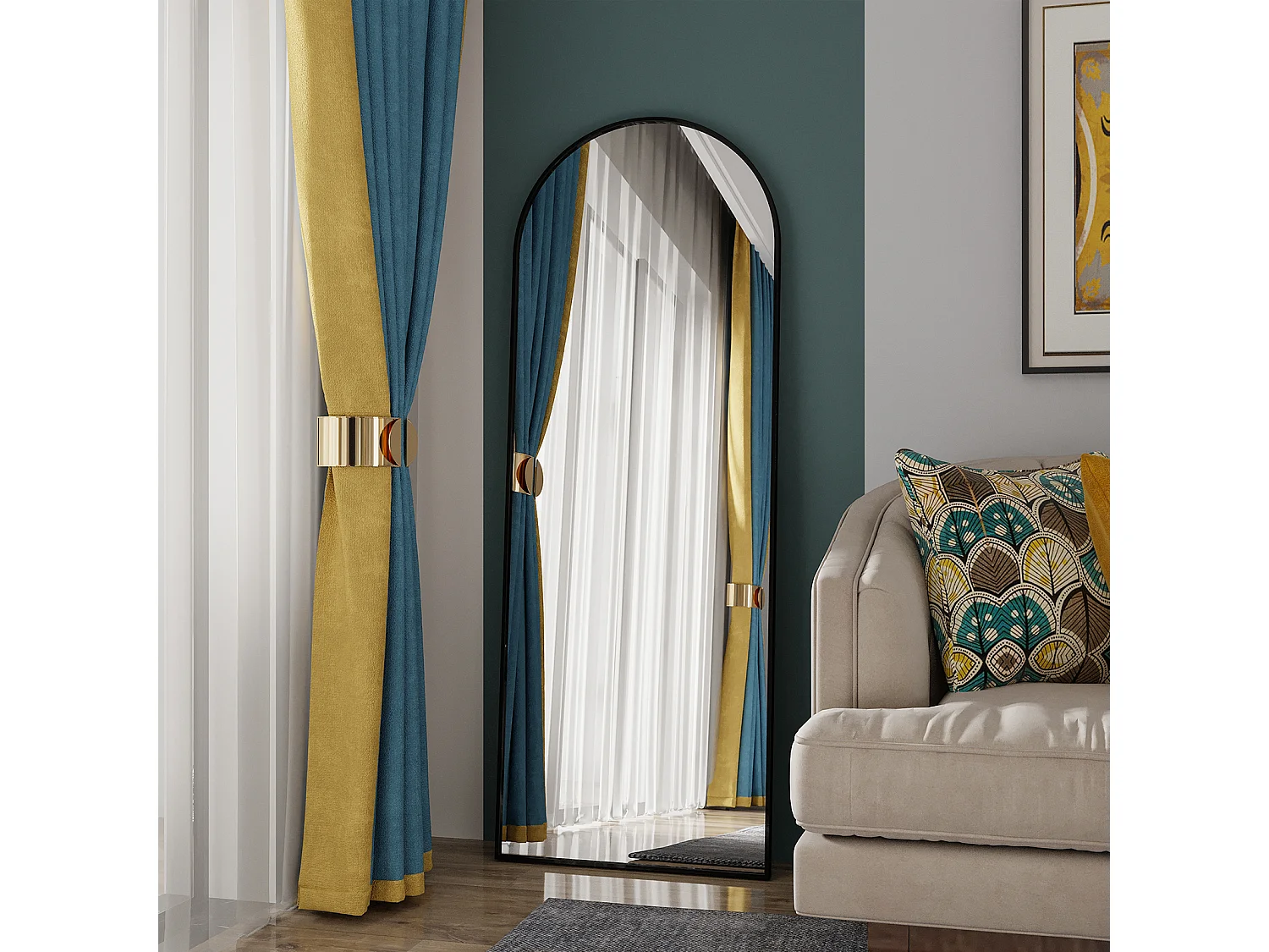 Miroir sur pied, cadre en aluminium avec support, H162cm, L53cm, noir