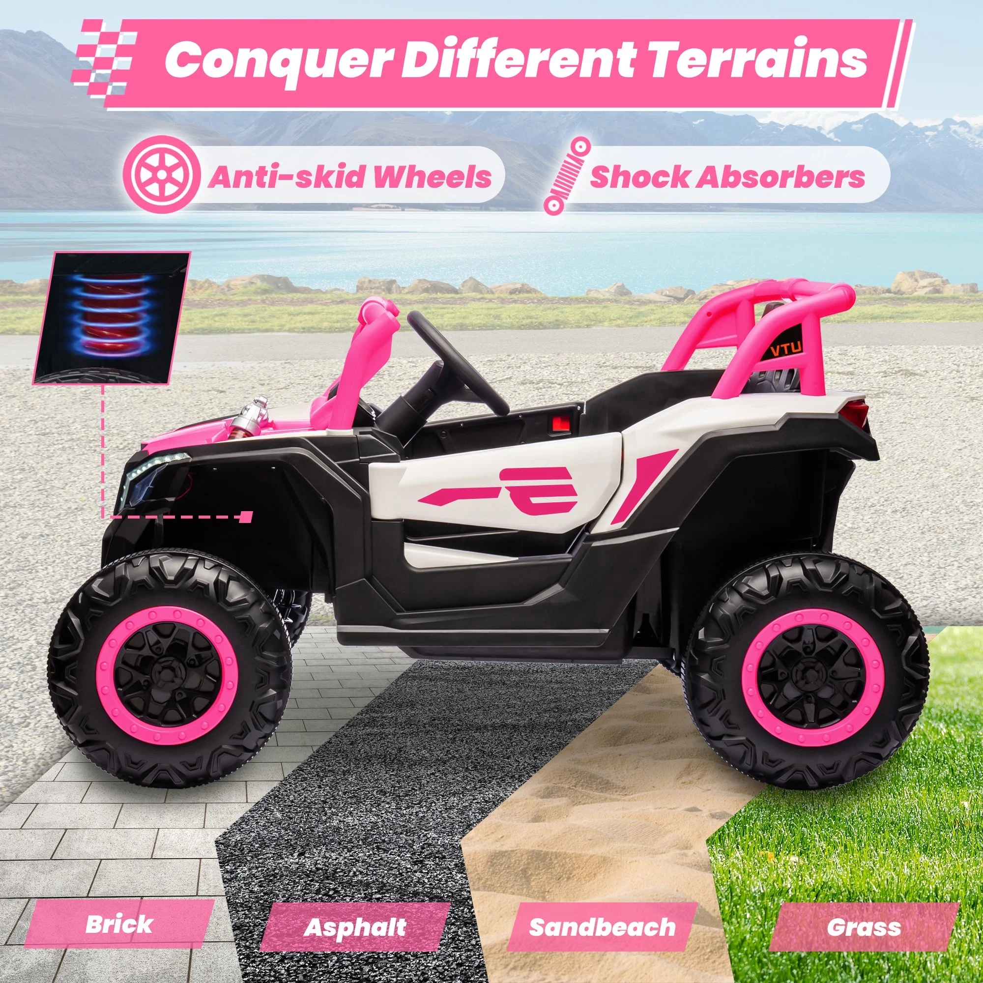 Joyracer 4WD 24 Volt Ride on Toys, 2 Seater Power Car wheels UTV with 800W Motors, Remote Control, Bluetooth Music, Spring Suspension, LED Light, Pink - Image 6