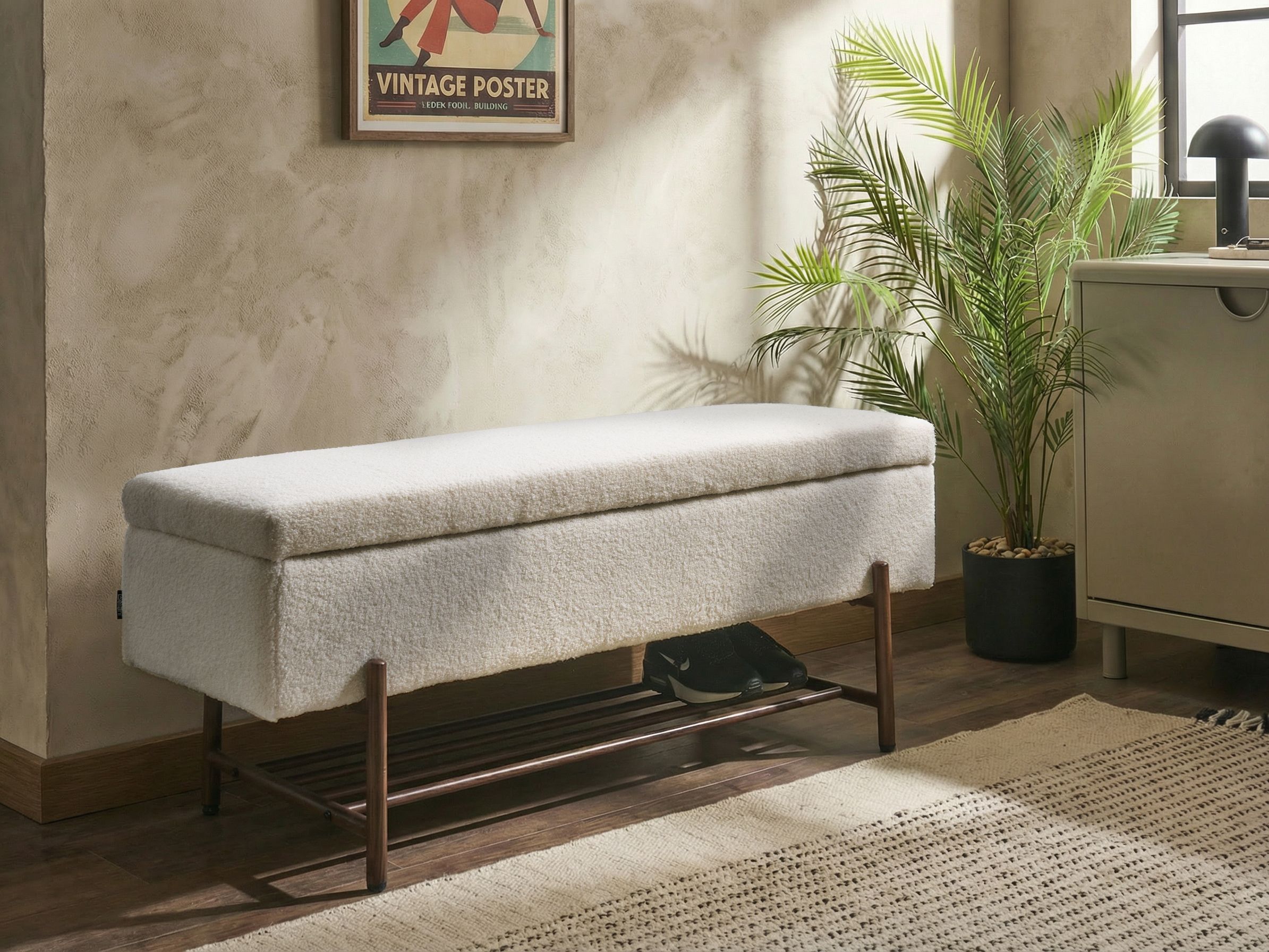 Shoe Bench VAIL Boucle 115 cm 40 cm with Storage Off-White