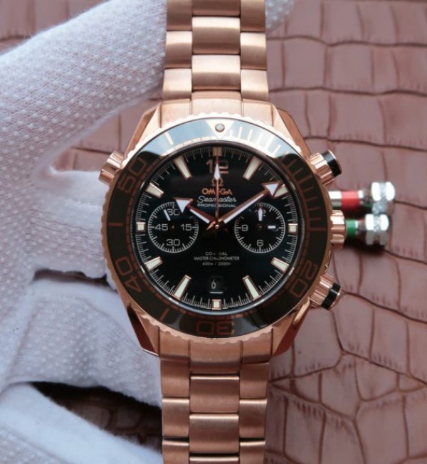 Replica Omega Planet Ocean Master Chronometer RG Black Bezel Black Dial RG Bracelet A9301 - Elite Watch Atelier