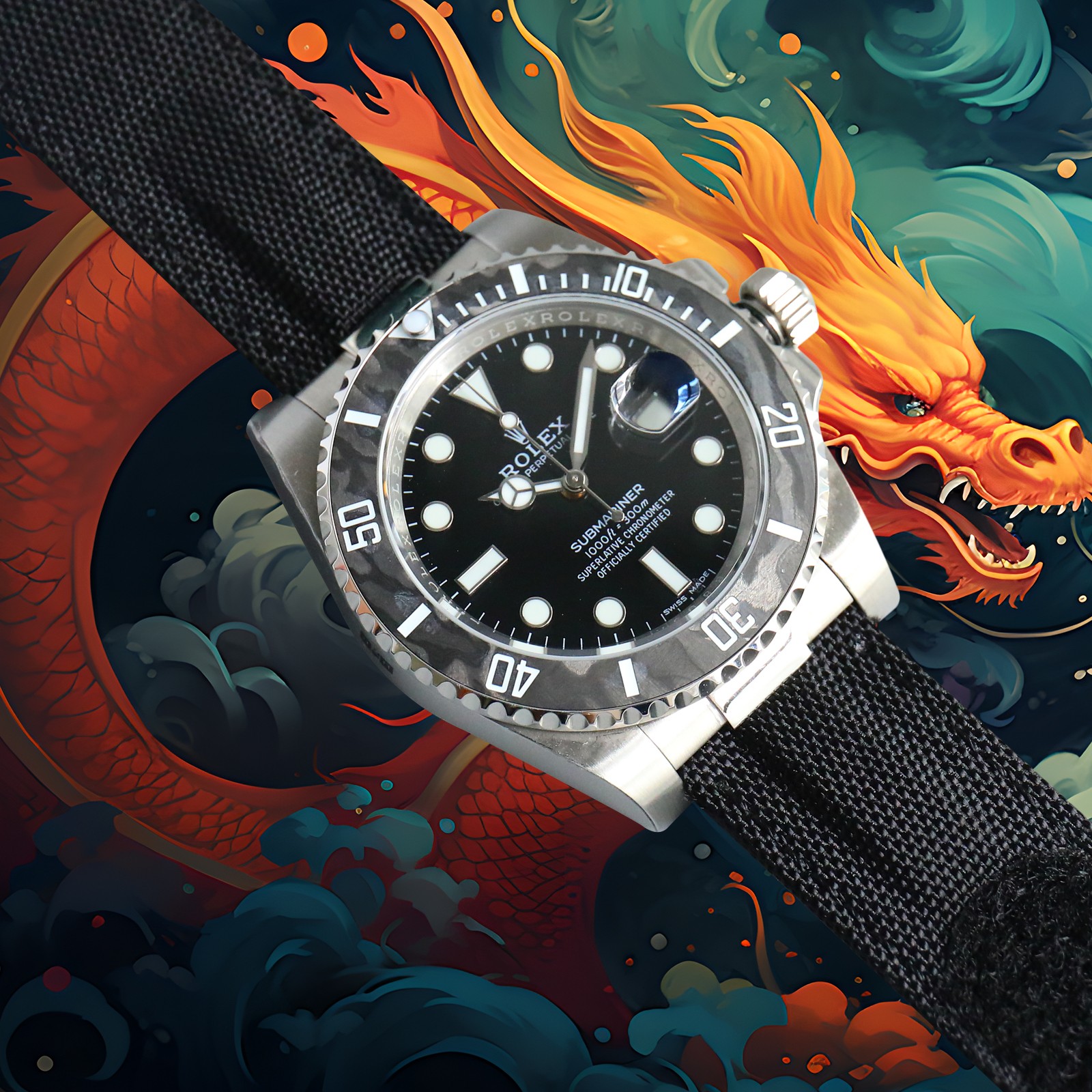 ROLEX Year of the Dragon Auspicious ?? ?? Submariner Carbon Fiber Bezel - Velcro Strap - Black(1:1 replica) - Top club