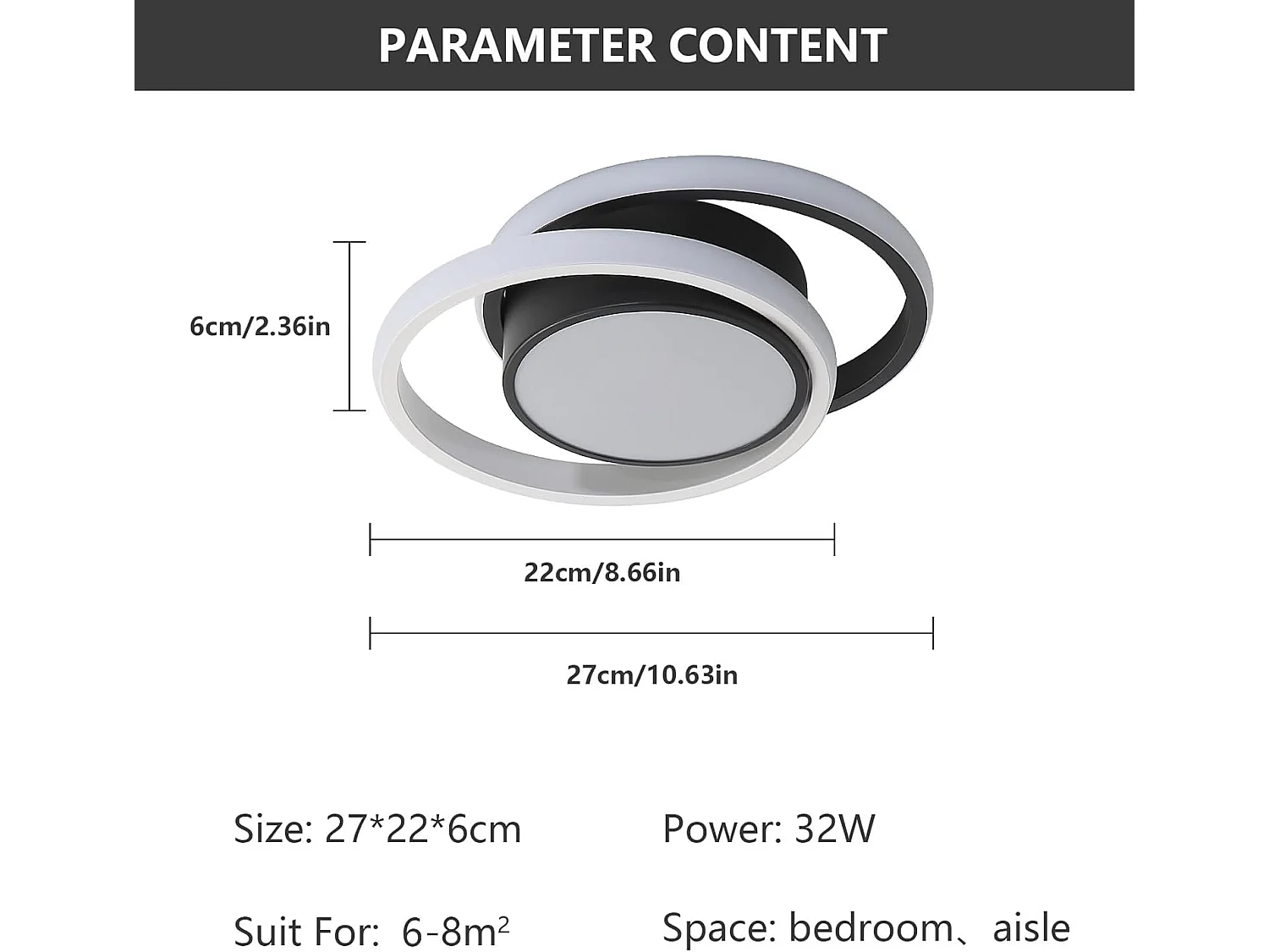 Haobosic Plafonnier LED double cercle aluminium 32W blanc froid, forme ronde, finition noir et blanc, base 12cm