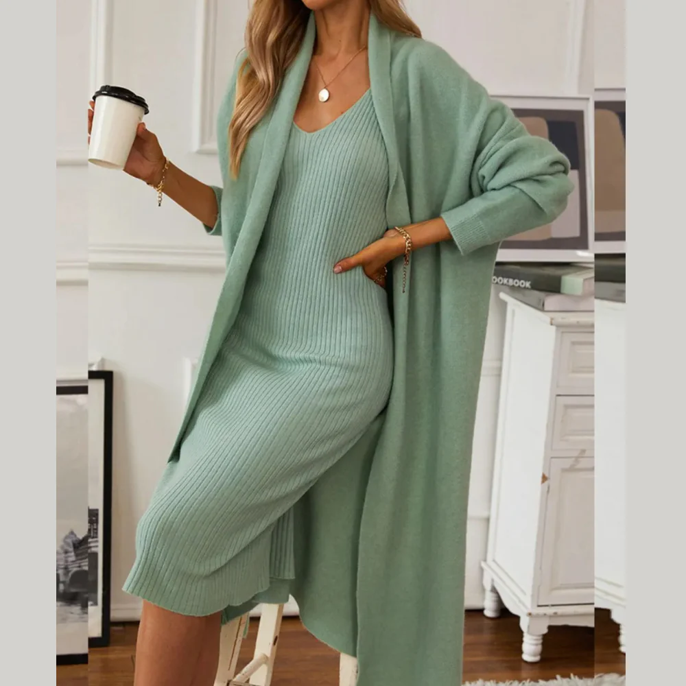 V-Neck Cami Dress and Open Front Cardigan Sweater Set - ZKZOOK