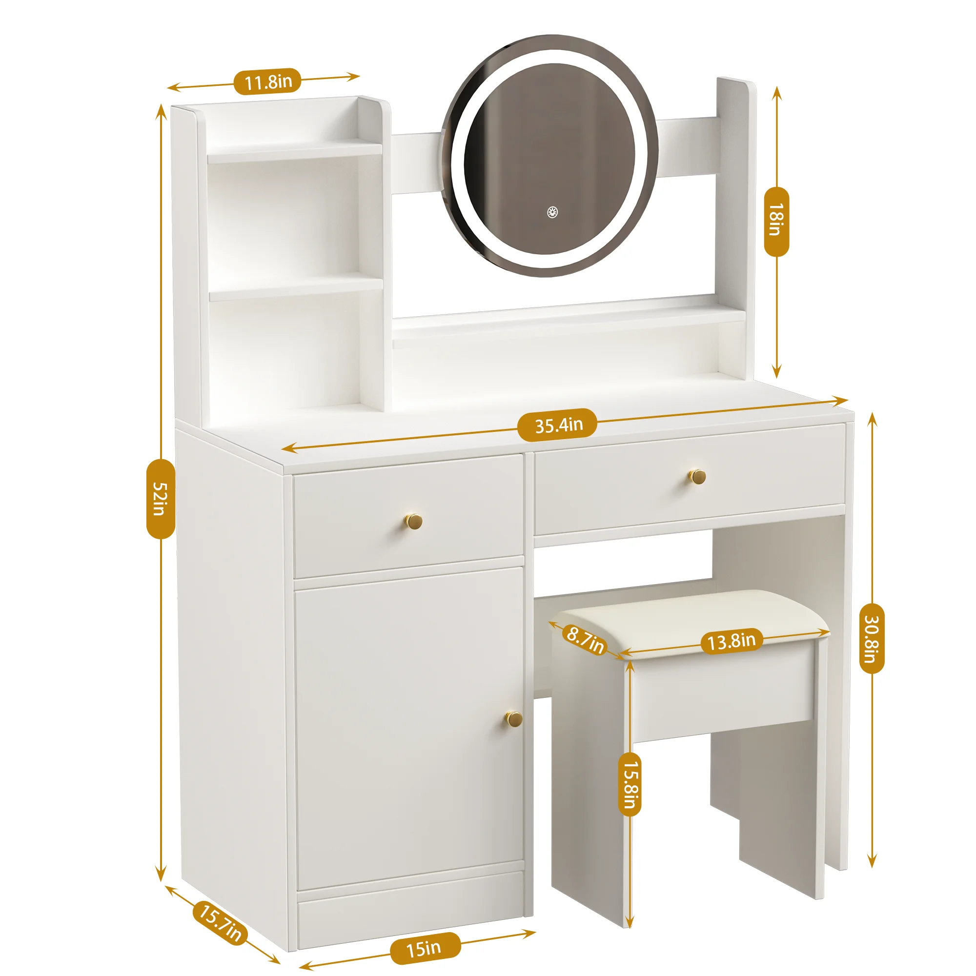 Montary Modern Mini Vanity w/Adjustable LED Mirror + Hidden Storage, Padded Stool & Dustproof Shelves (White) - Image 112