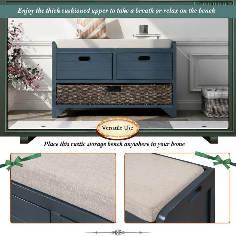 Solid Wood Storage Bench, Narrow Entryway Bench with 2 Drawers and Removable Basket, Classic Accent Shoe Bench with Storage and Removable Cushion for Hallway Living Room, Fully Assembled, Navy - Image 6