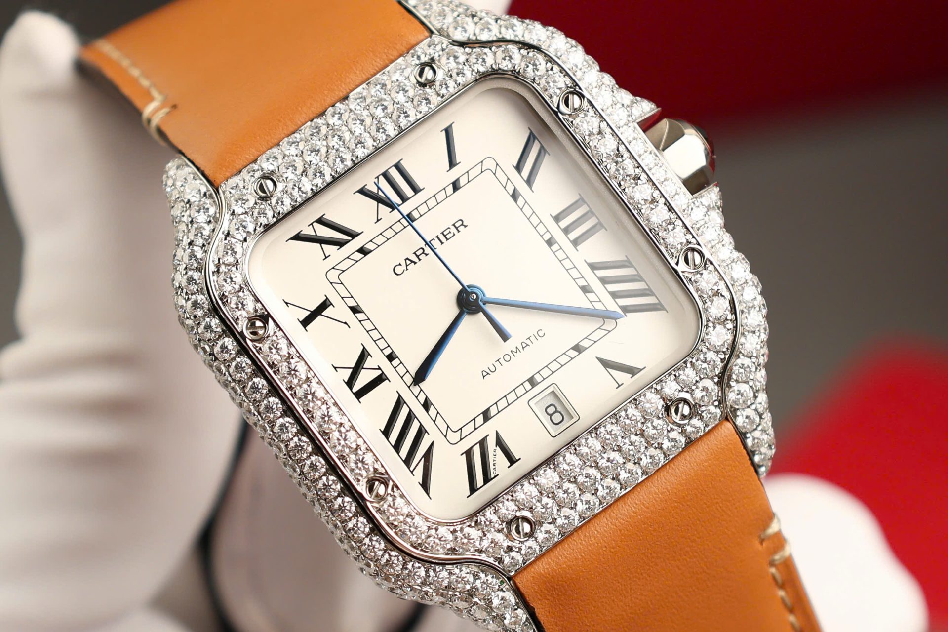 Cartier Santos White Dial Copies Watches Custom Diamonds Moissanite BVF 39.8mm - Top club