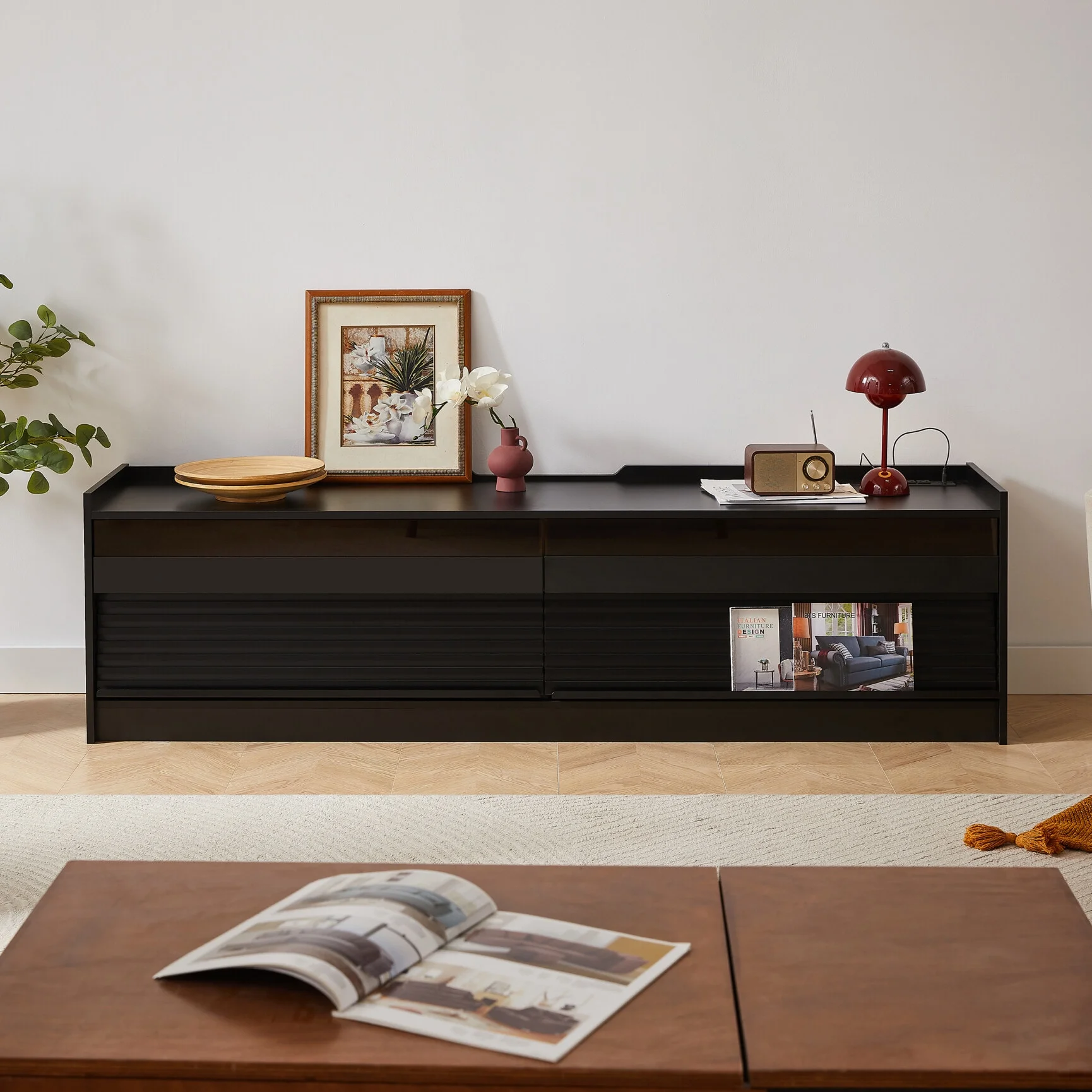 Modern TV Stand with Built-in USB/Type-C Charging & LED Lighting, 4 Tempered Glass Drawers Entertainment Center for 70-79