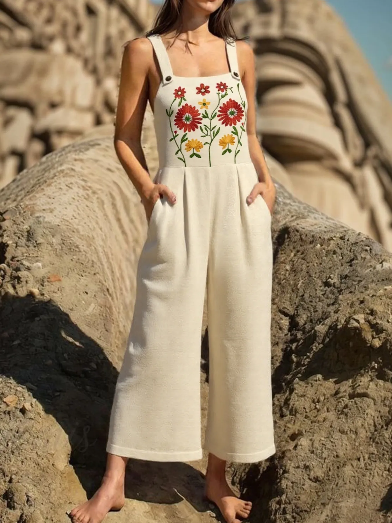 Floral Embroidered Wide Leg Jumpsuit - ZKZOOK