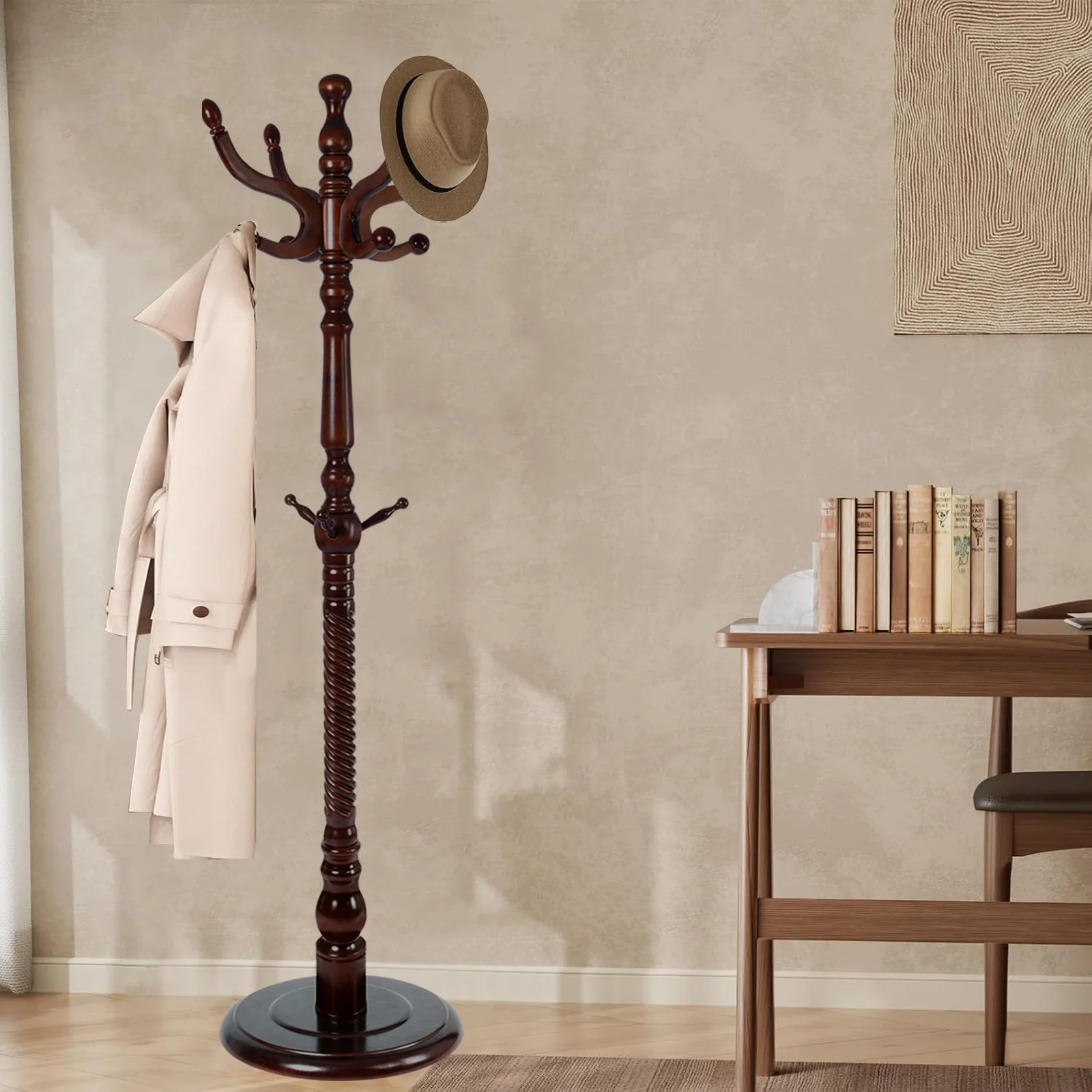 Coat Rack Freestanding, Hall Tree with 11 Hooks, Heavy Duty Wooden Coat Tree Stand, Adjustable Height, Sturdy Base for Bedroom Hallway Office - Load 270lbs - Image 2