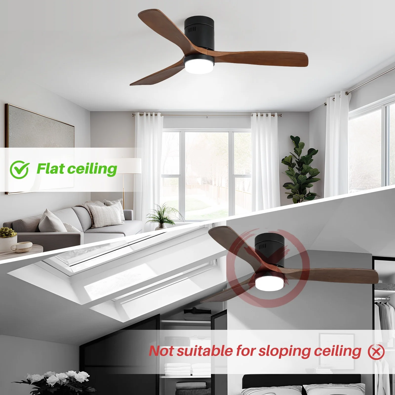 52 Inch Flush Mount Ceiling Fan With/without Light and Remote Modern Ceiling Fan Bedroom Black with Brown Blades 52 inch Steel Matte