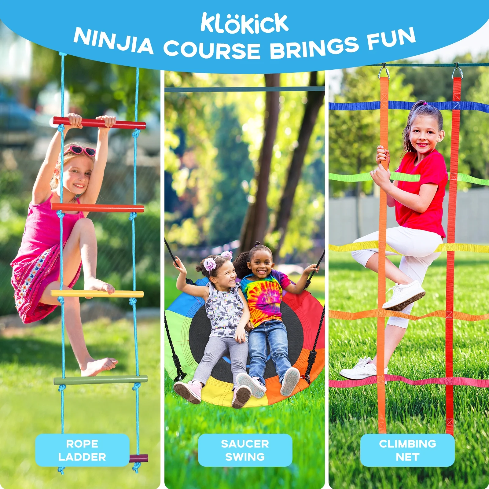 KloKick 50ft Ninja Warrior Obstacle Course with Slackline Monkey Bars and Saucer Swing - Image 12