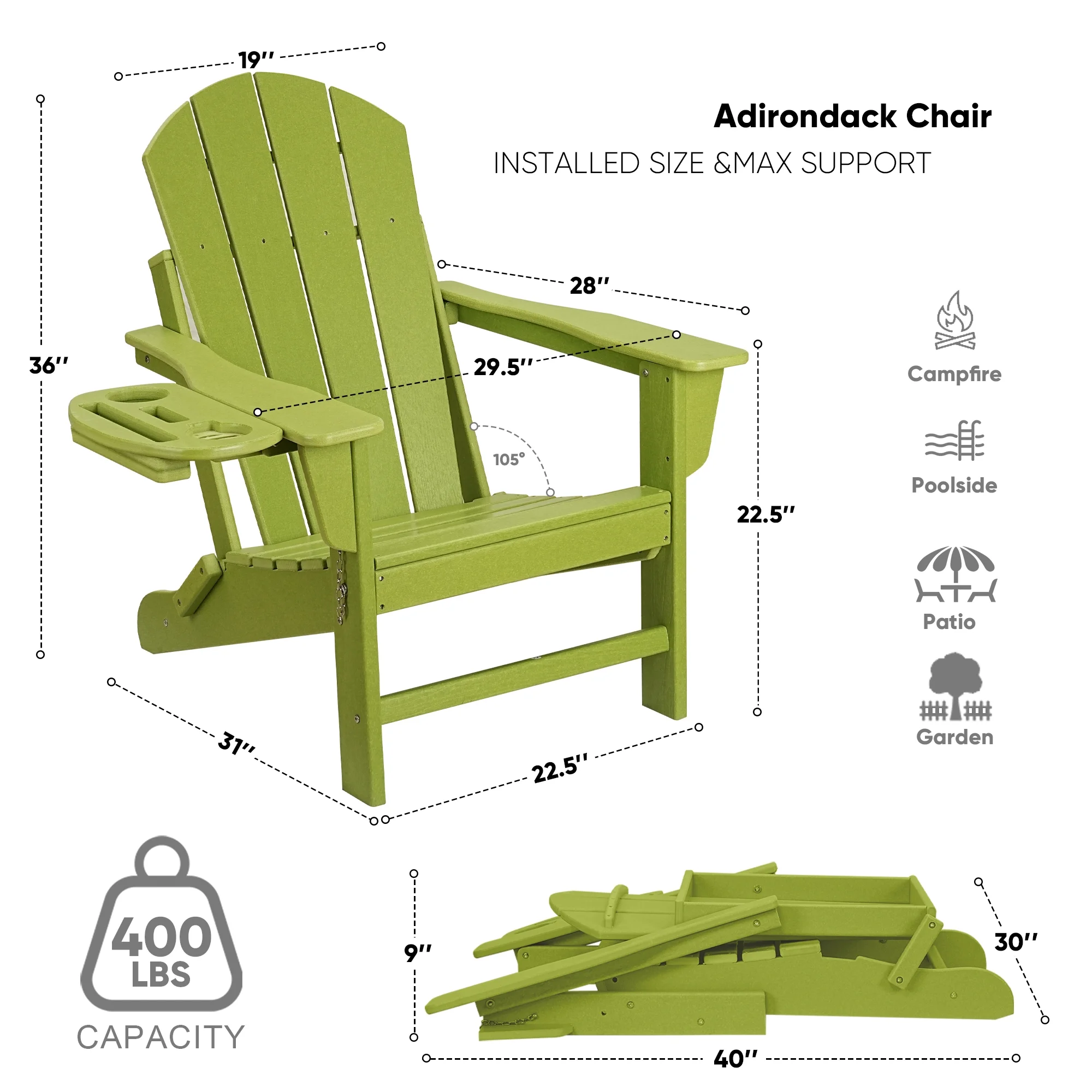 FOOWIN HDPE Plastic Adirondack Chairs Set of 4, Black - Image 96