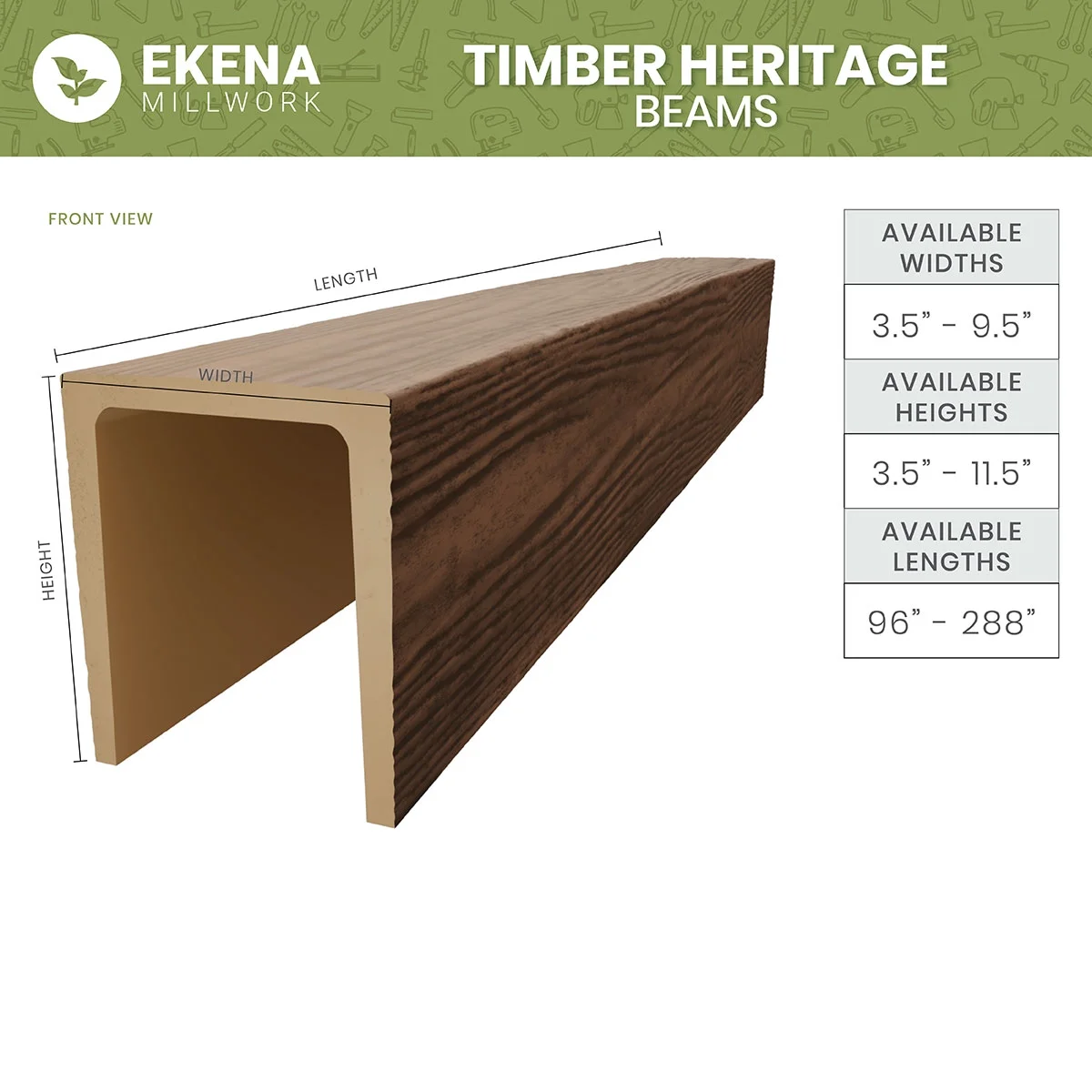 Ekena Millwork 3 1/2"W x 3 1/2"H x 120"L 3-Sided (U-Beam) Mena HeritageTimber Faux Wood Ceiling Beam, Kona Brown - Image 2