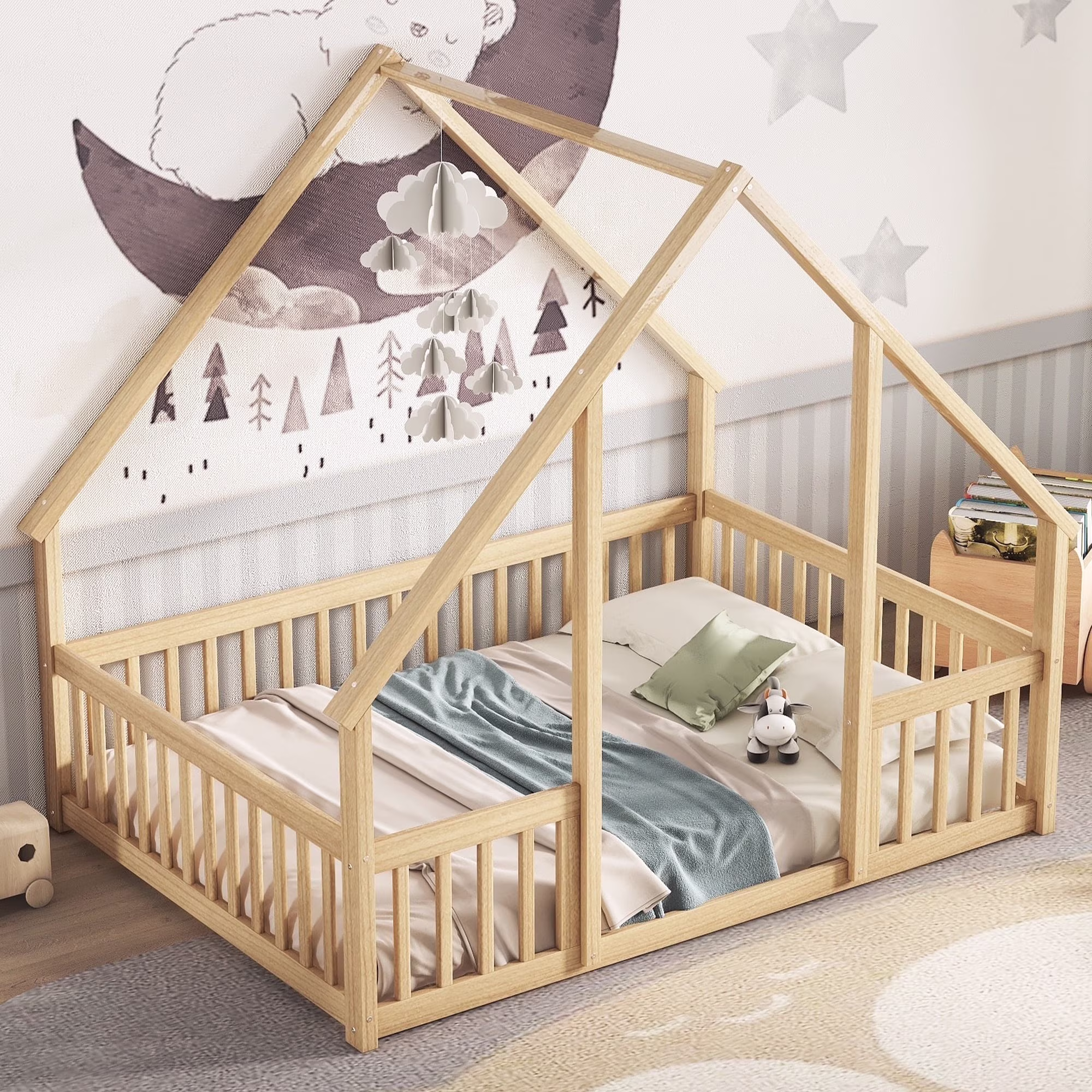 Bellemave Twin Size Floor Bed Frame, Wooden House Bed Twin Size with Fence, Montessori Bed with Guardrails for Bedroom (White) - Image 11