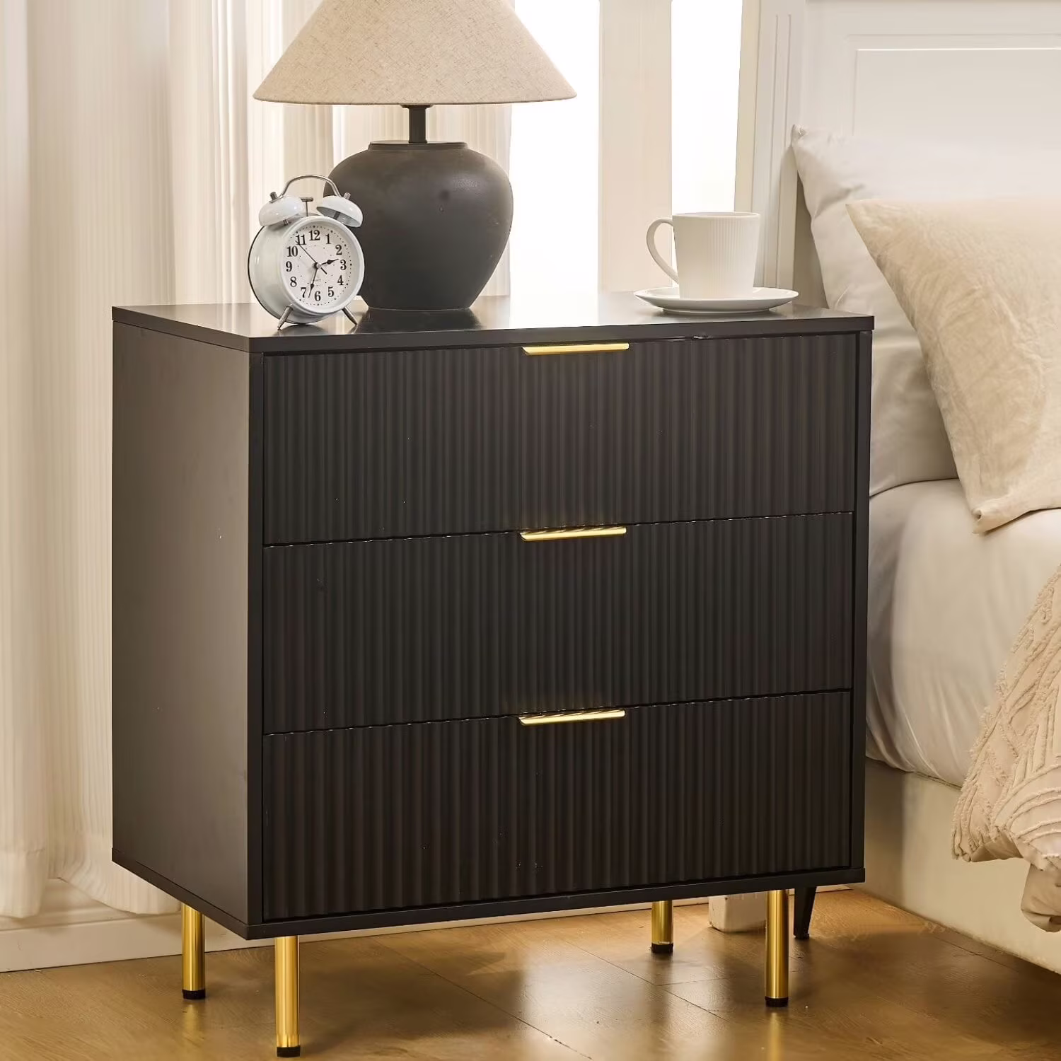 HRYJ White Large 3 Drawers Nightstand Dresser Fluted Wood Night Stand Bedside Table for Bedroom - Image 3
