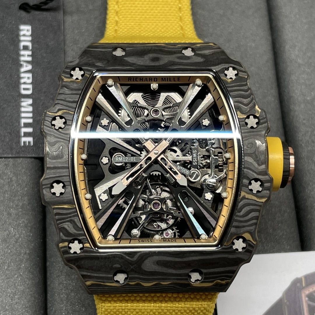 Swiss Replica Richard Mille RM 12-01 Tourbillon Watch �C Bold Yellow Fabric Strap, Carbon Fiber Barrel Case, Skeleton Dial - Top club