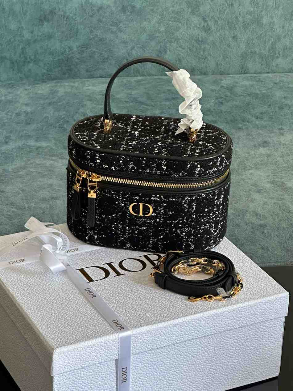 Christian Dior Caro Black Gold Tweed Mini Vanity Case In Dubai