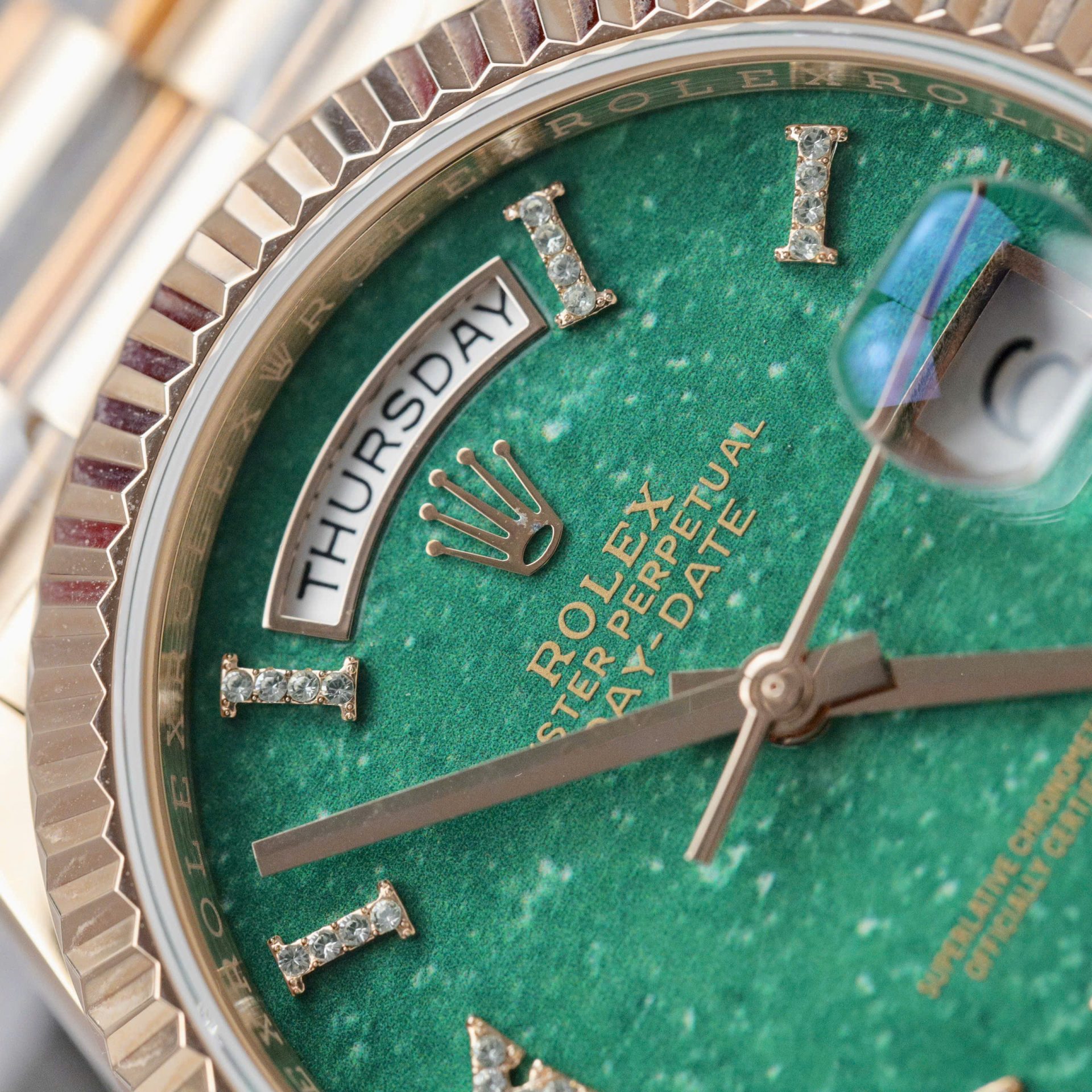 Rolex Day-Date 128235 Dial Aventurine Replica Watch Custom Gold Wrapped 36mm - Elite Watch Atelier