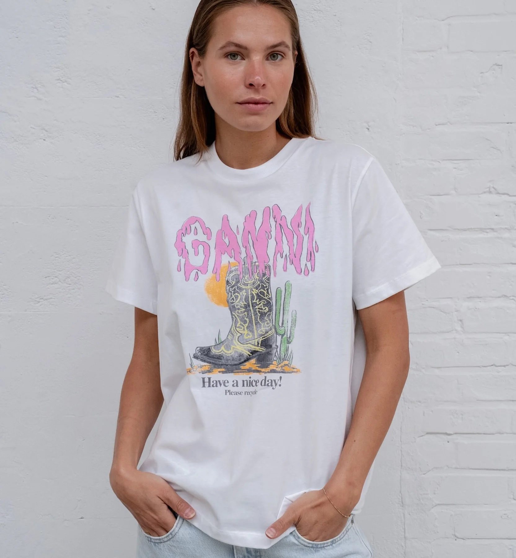 GANNI Basic Cotton Jersey Boots Print T-shirt