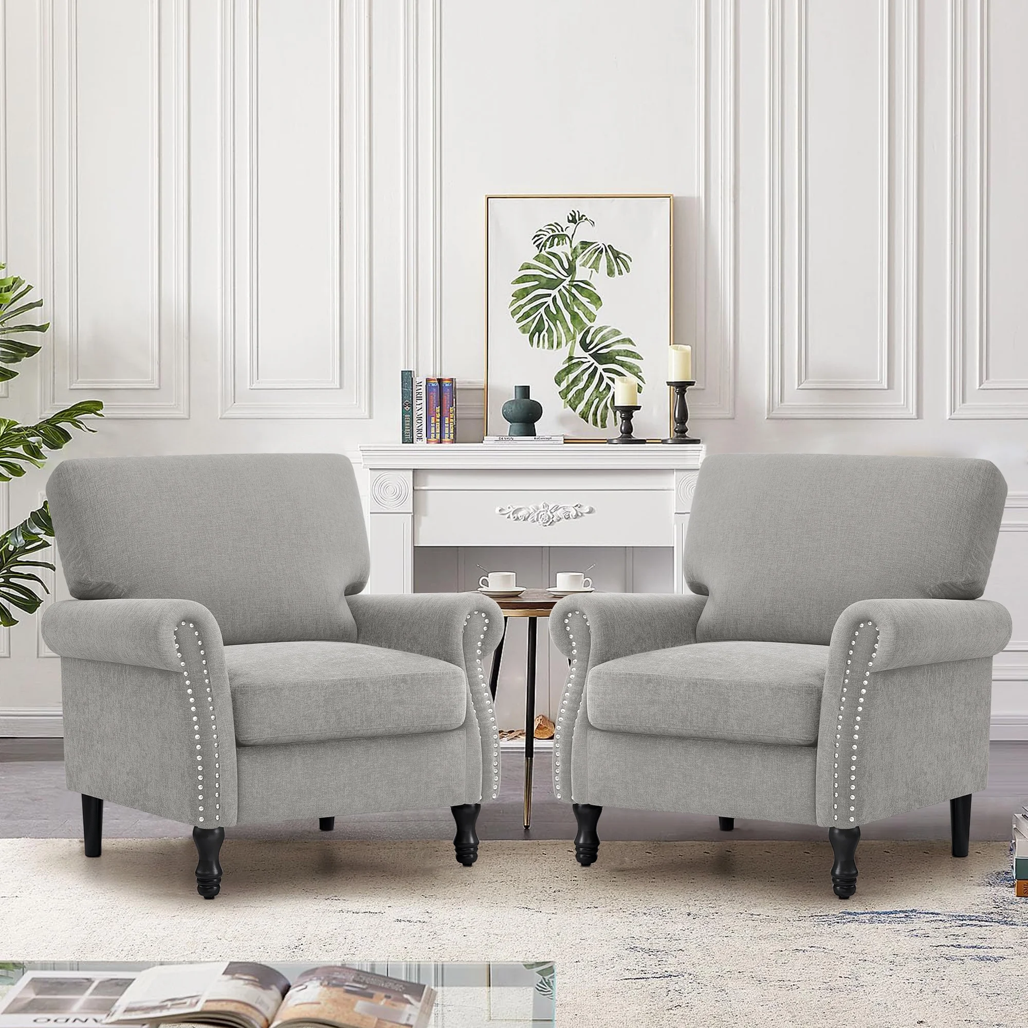 COOLHUT Modern Accent Chair Armchair, Linen Fabric Upholstered Comfy Single Sofa with Solid Wood Frame for Living Room, Gray - Image 2