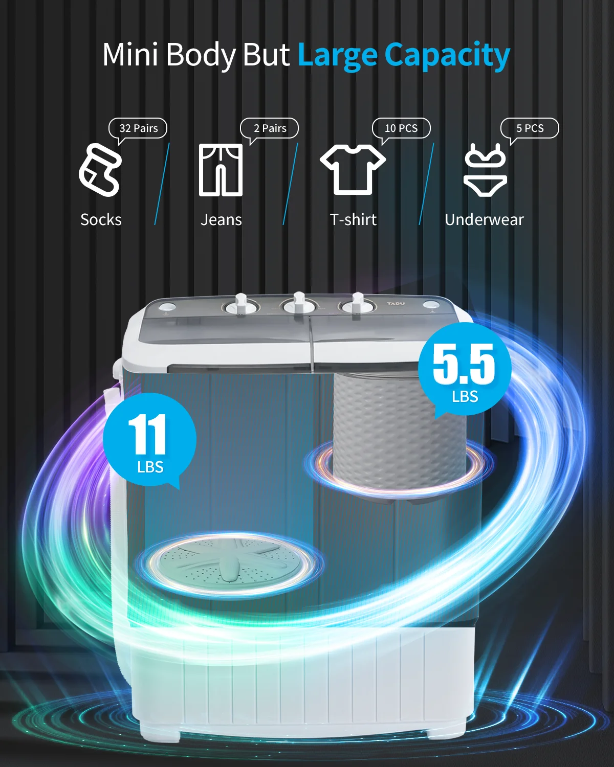 TABU 16.5lbs Portable Washing Machine,Electric Twin Tub Wash&Spin Combo,Semi-Automatic Washer,Gray - Image 8