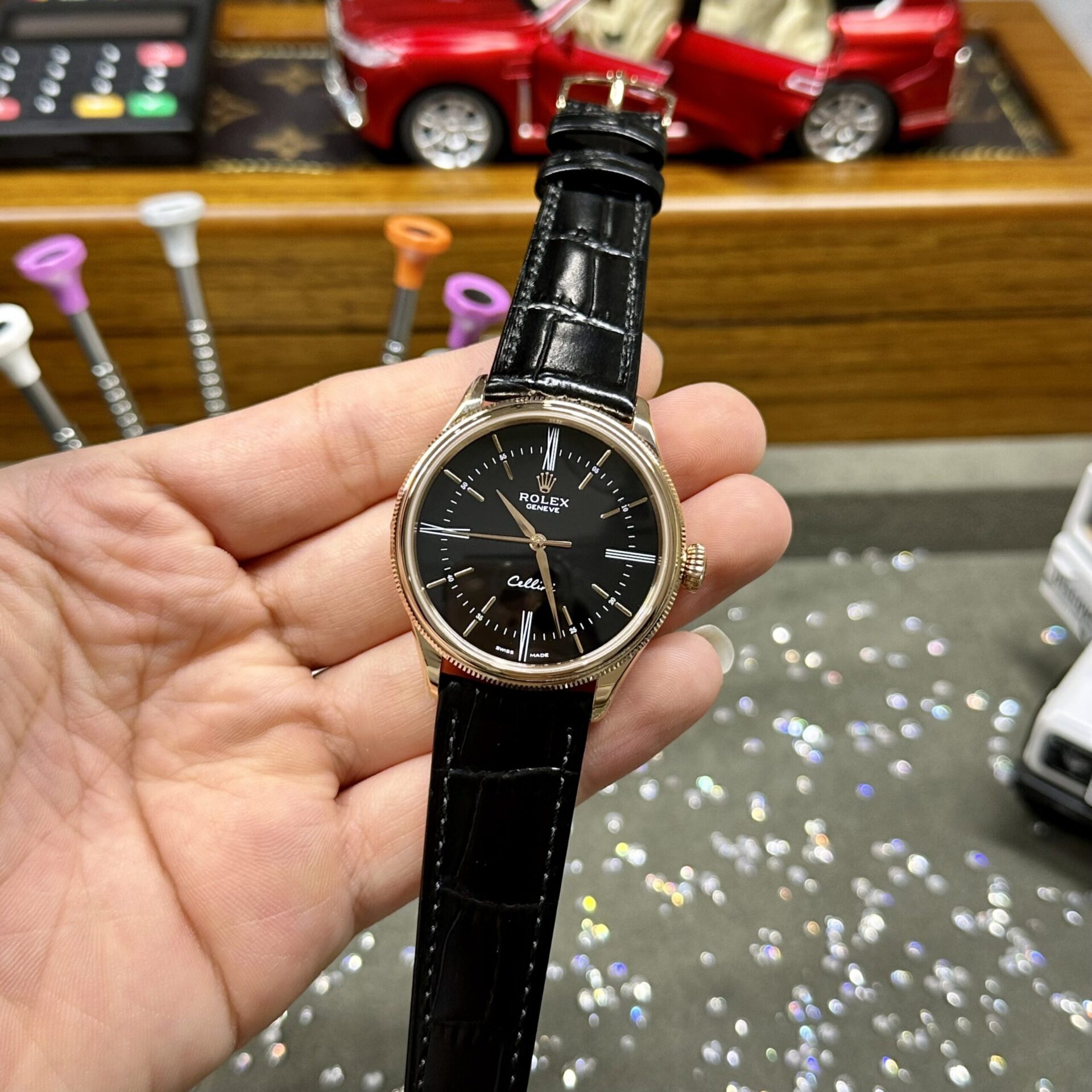 Rolex Replica Watch Cellini Time 50505 Black Dial Leather Strap 39mm - Elite Watch Atelier