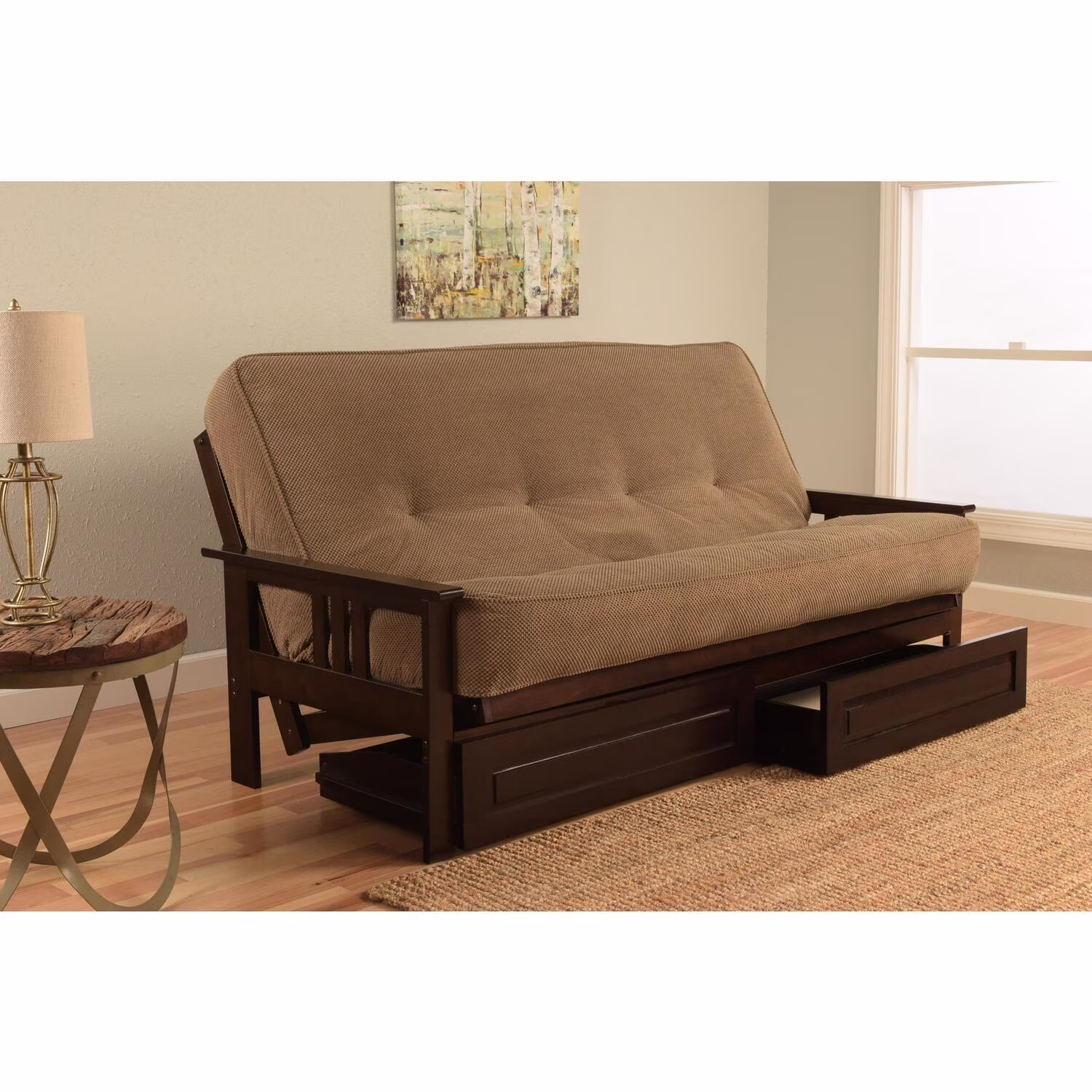 Maykoosh Island Oasis Full Futon Frame Set with Mattress and Storage Drawers, Classic Foldable Frame, Converts to Bed - 79 L x 37 D x 33 H-Color:Barbados,Style:Suede Navy Mattress
