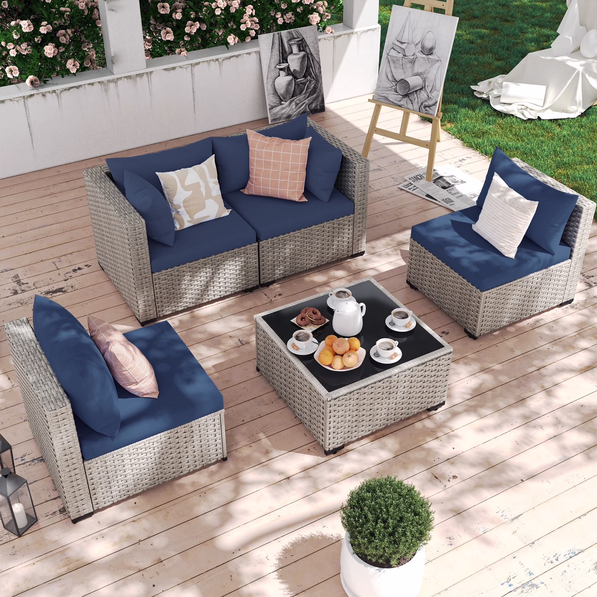7 Pieces Patio Conversation Set, Outdoor Sectional PE Rattan Wicker Furniture Seat,Dark Gray - Image 7