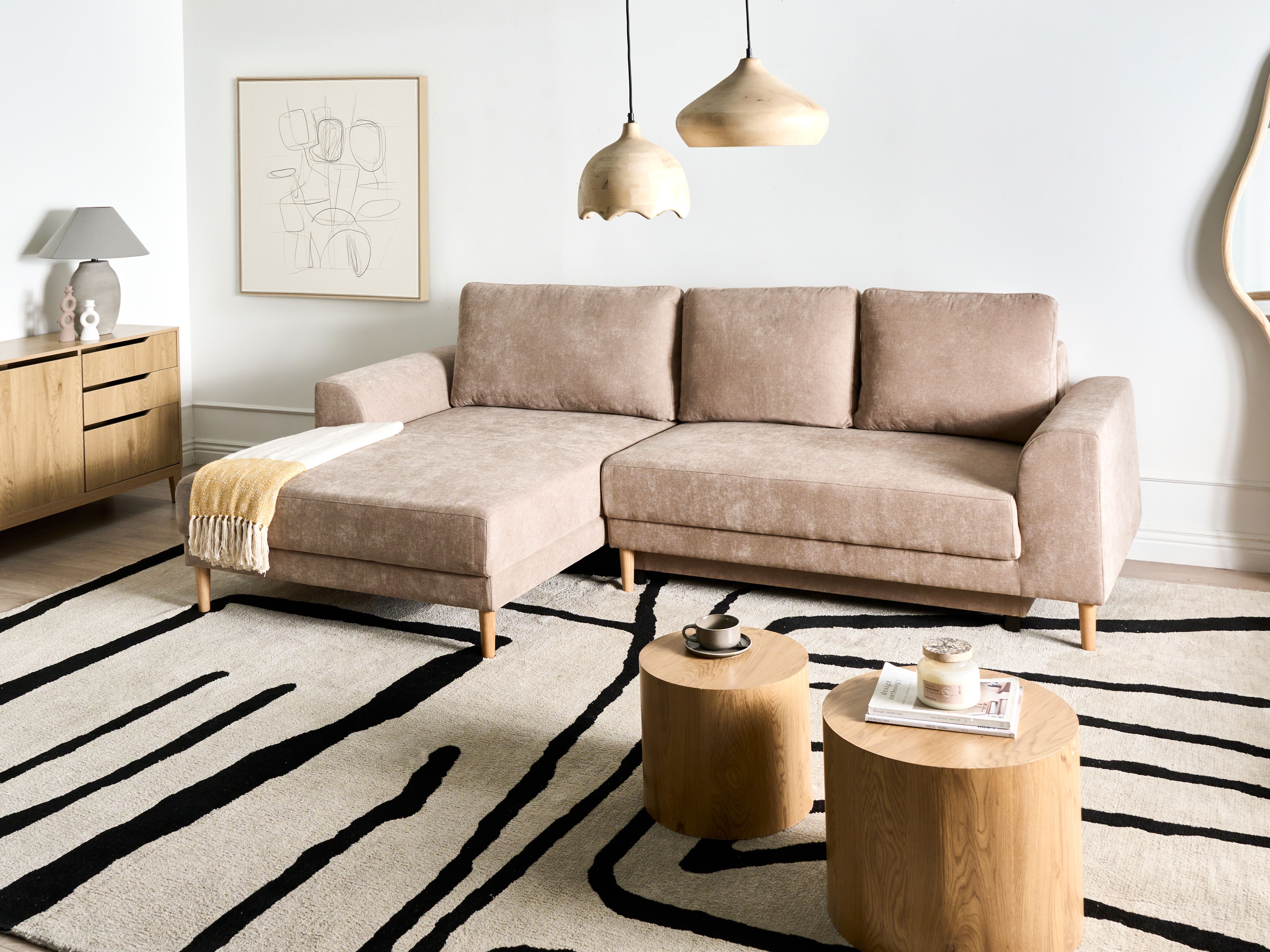 Corner Sofa Bed 3 Seater NUBORG Chenille Light Brown Right Hand