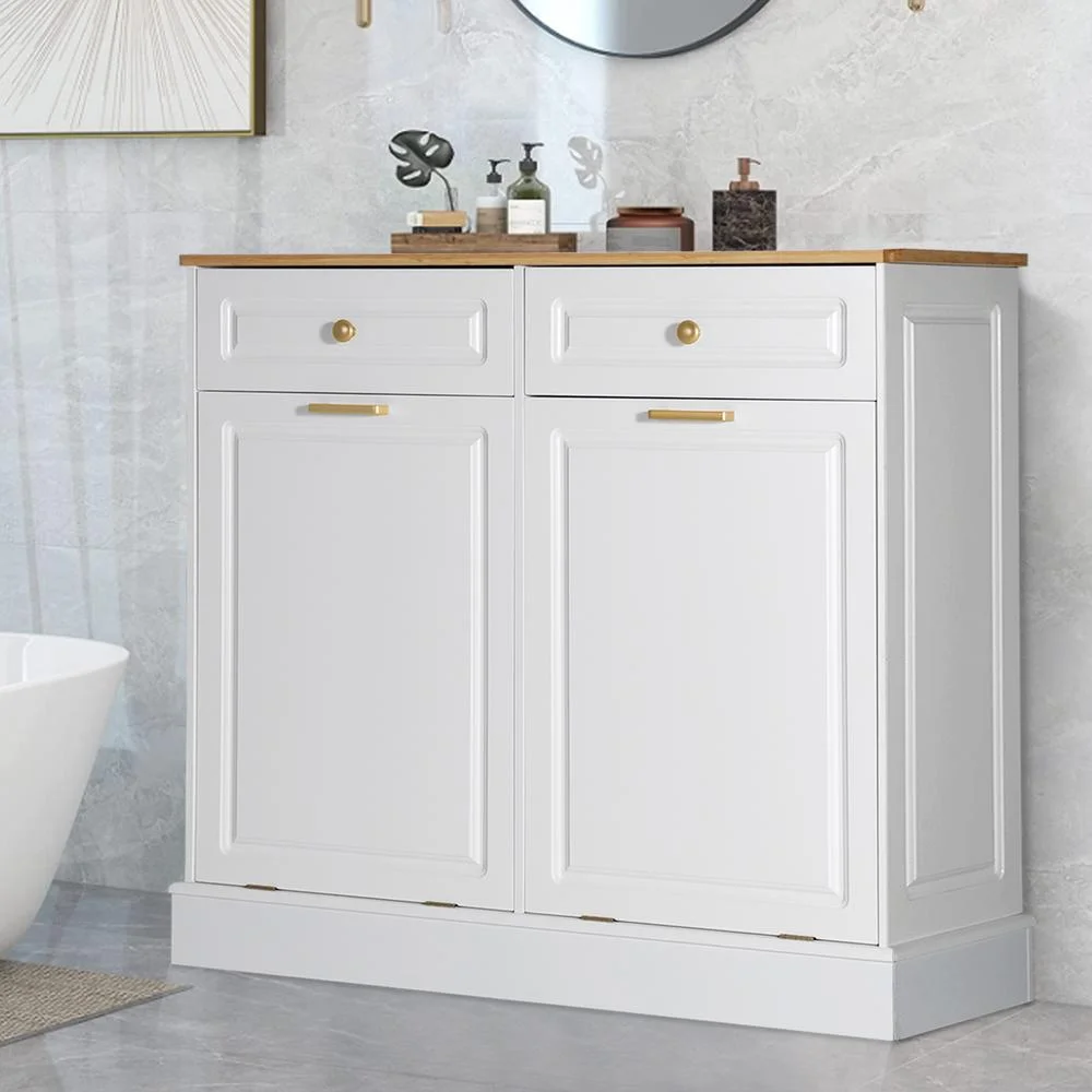 Eclife 20 Gallons Double Tilt Out Trash Cabinet Wood Tabletop, Upgrade Gray, WB010GY - Image 33