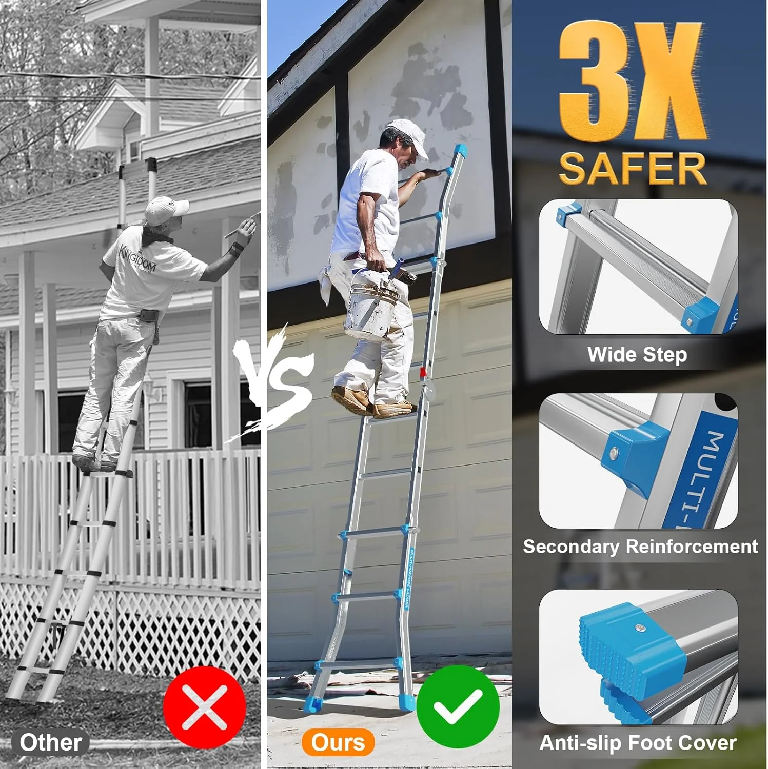 LUISLADDERS Ladder, A Frame 6 Step Ladder Telescoping Ladder, 22 Ft Reach Height Muti Position Folding Ladder Flared Leg & Wheels Design, 330 lbs Capacity Extension Ladder for Household Outdoor Work - Image 15