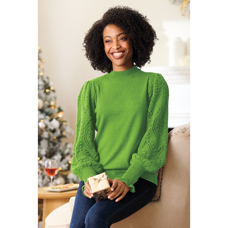 Nora Ribbed Women's Sweater with Pointelle Balloon Sleeves and Mockneck - MIDNIGHT VELVET CATALOG