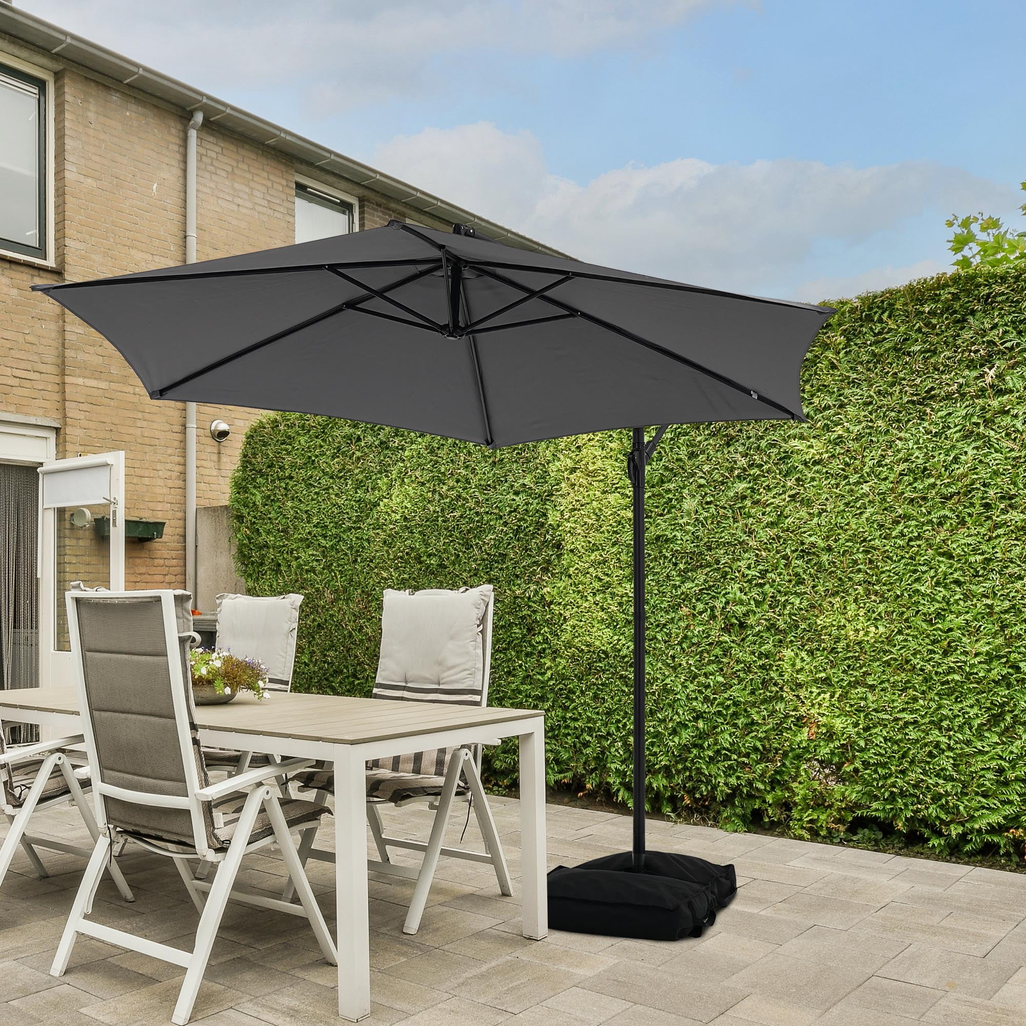 Ainfox 10ft Cantilever Patio Umbrella with Lights, Offset Market Umbrella with Sandbags Weighted Base and Cross Base,Khaki - Image 29