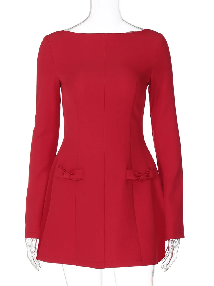 JULISSA MO Round Neck A-line Bow Women Dress Red Long Sleeve High Waist Dress Female Autumn Winter Slim Elegant Streetwear 2025 - AZJHJ