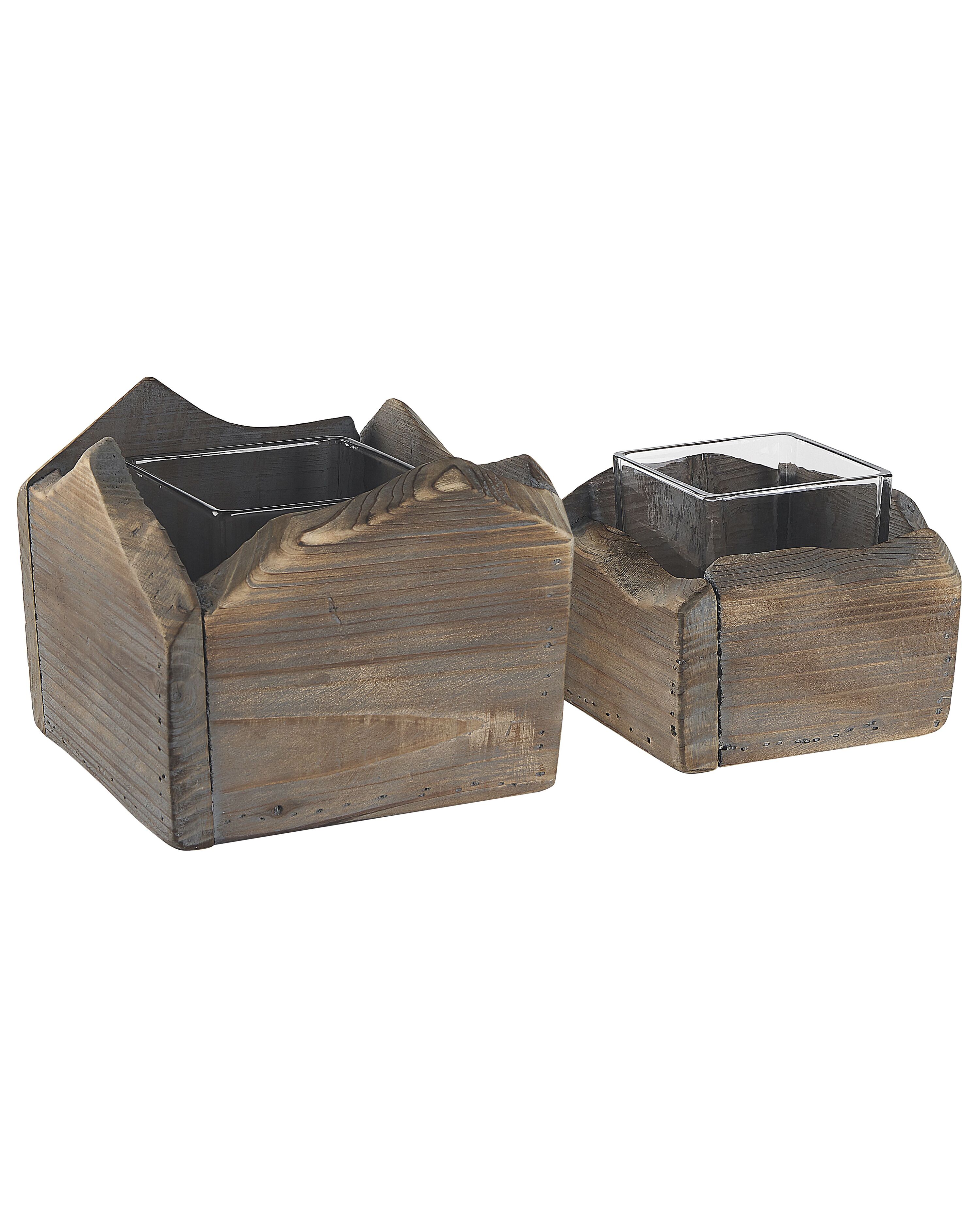 Set of 2 Candle Holders PLATEROS Fir Wood 15/12 cm Dark Brown