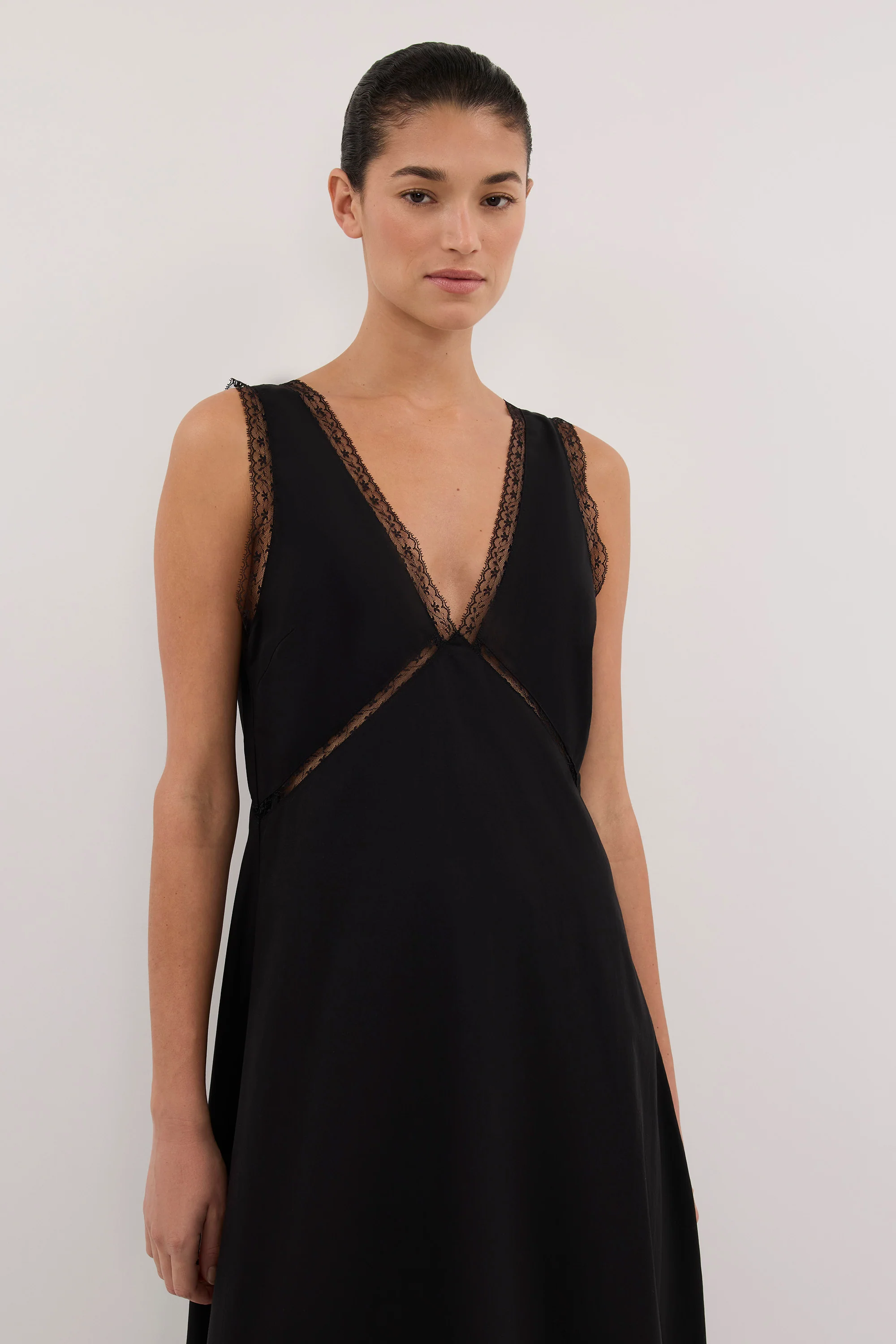 ROSIN BLACK LACE TRIM MIDI DRESS