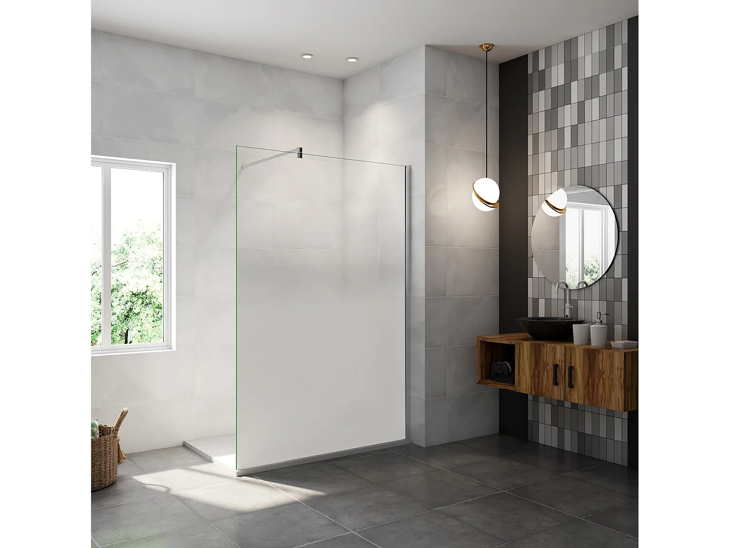 Paroi de douche verre trempé sérigraphié Brume en 8 mm verre - 120 x 200 cm - Profilés chrome avec barre de fixation 90cm en carré
