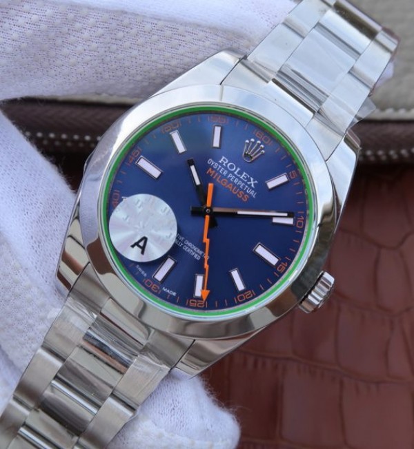Replica Rolex Milgauss 116400 GV JF Green Sapphire Blue Dial SS Bracelet SH3131 - Elite Watch Atelier