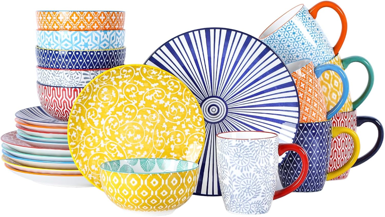 Selamica Ceramic Dinnerware Sets for 6, 24 Piece Plates and Bowls Sets, Scratch Resistant Dishes Set-Dishwasher & Microwave & Oven Safe, Assorted Colors A