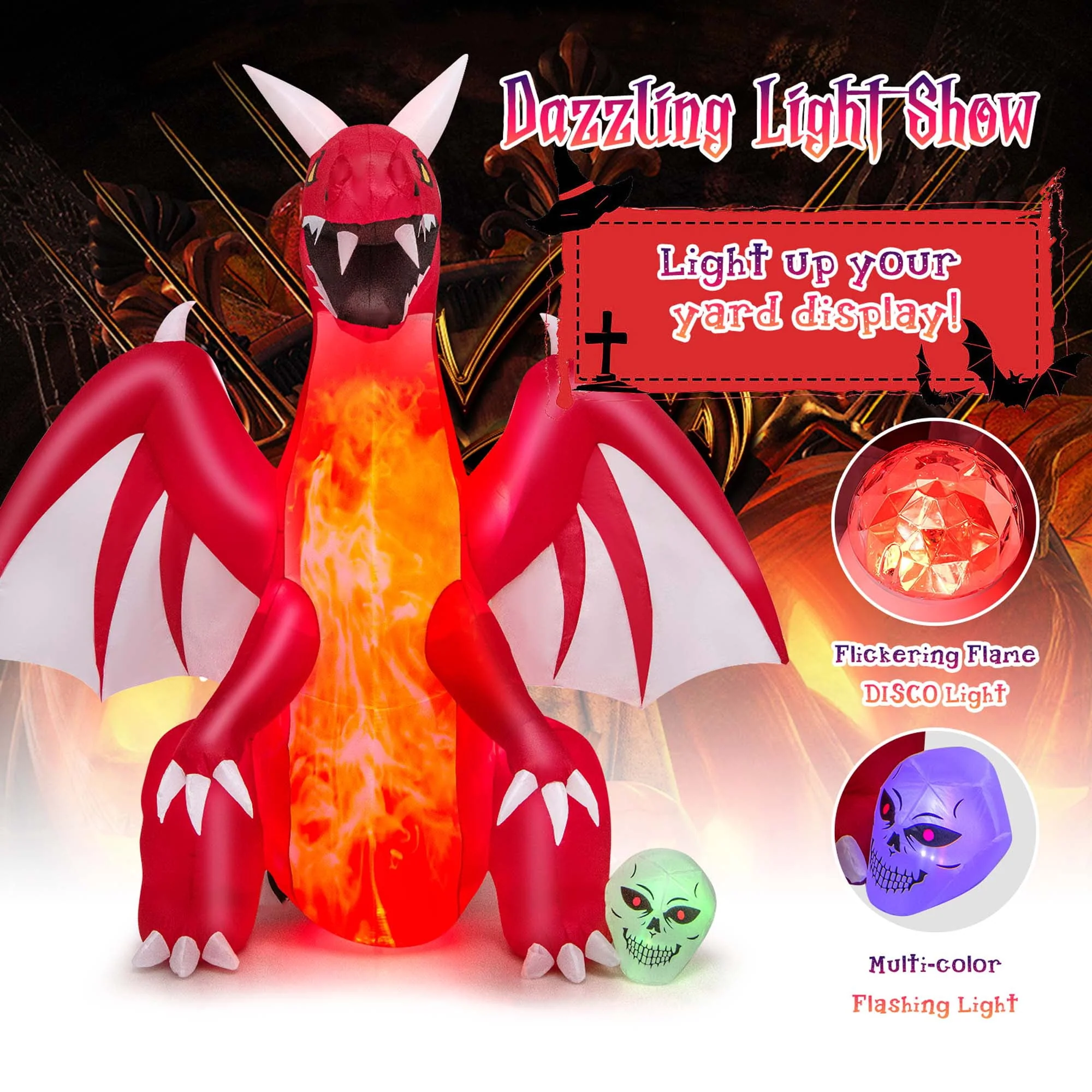 Costway 8 FT Halloween Inflatable Red Dragon with Wings & Skull Holiday Decoration Light - Image 7 Costway 8 FT Halloween Inflatable Red Dragon with Wings & Skull Holiday Decoration Light - Image 7