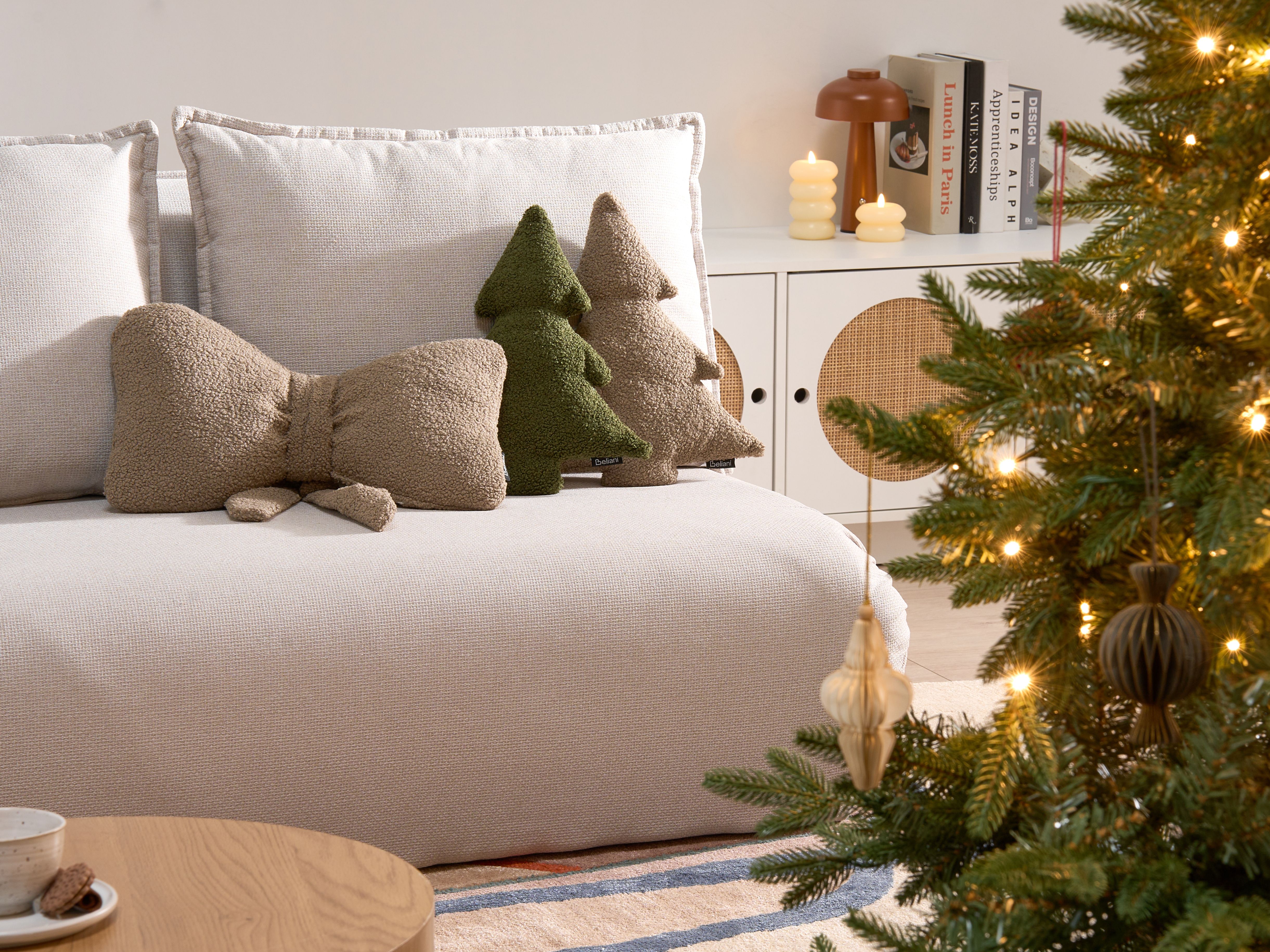 Set of 3 Decorative Cushions WINTERLAND Boucle 30 x 35 cm 45 x 25 cm Taupe Christmas Motif