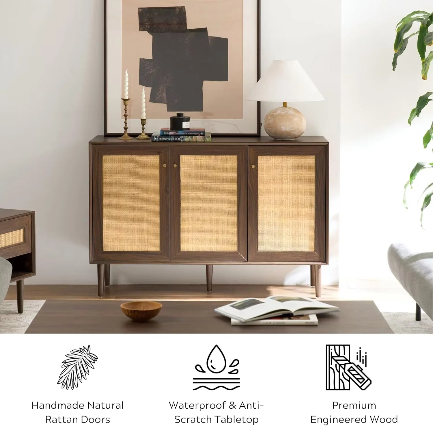 EYYTHUNG Farmhouse 3-Door Rattan Storage Cabinet, Solid Wood Entryway Buffet Sideboard - Image 14