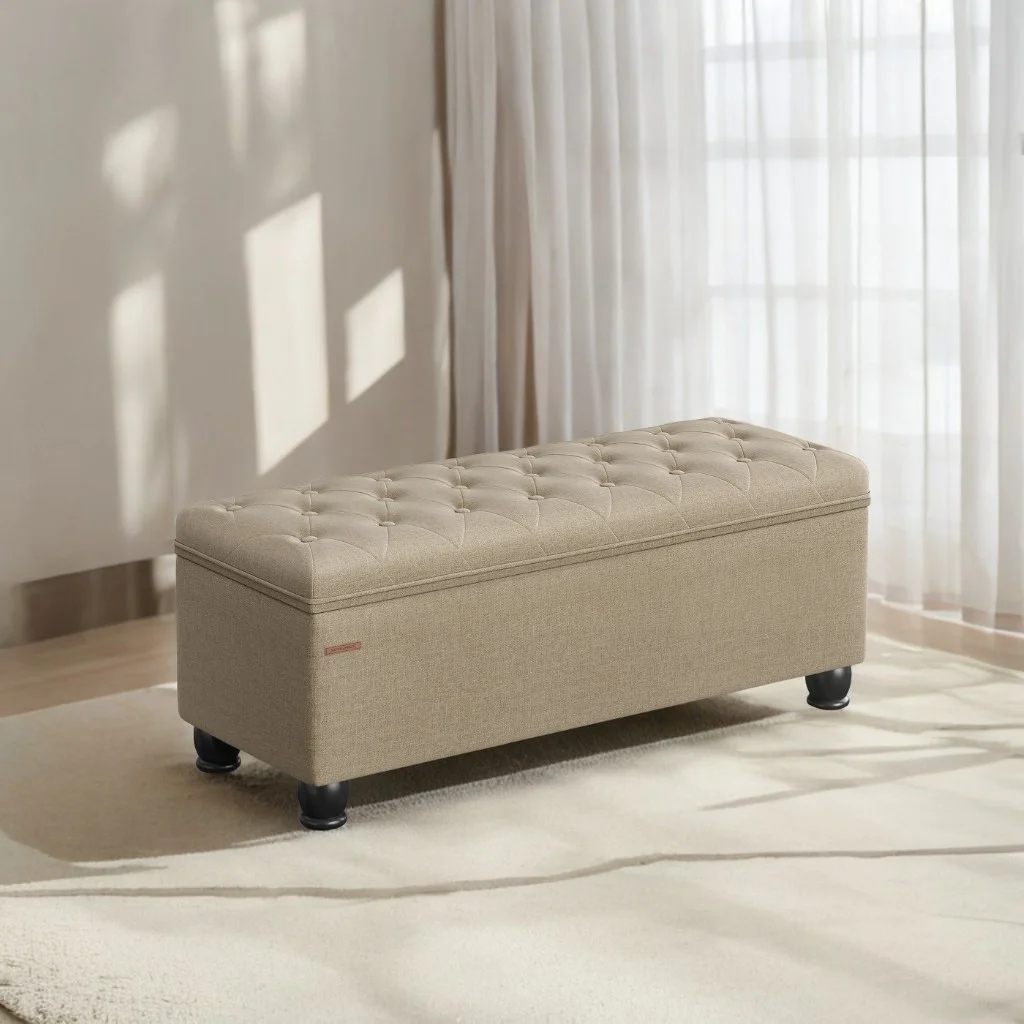 SONGMICS 46.5" Storage Ottoman Bench Storage Bench Bedroom Bench 330lb Load Capacity Solid Wood Legs Light Gray - Image 61