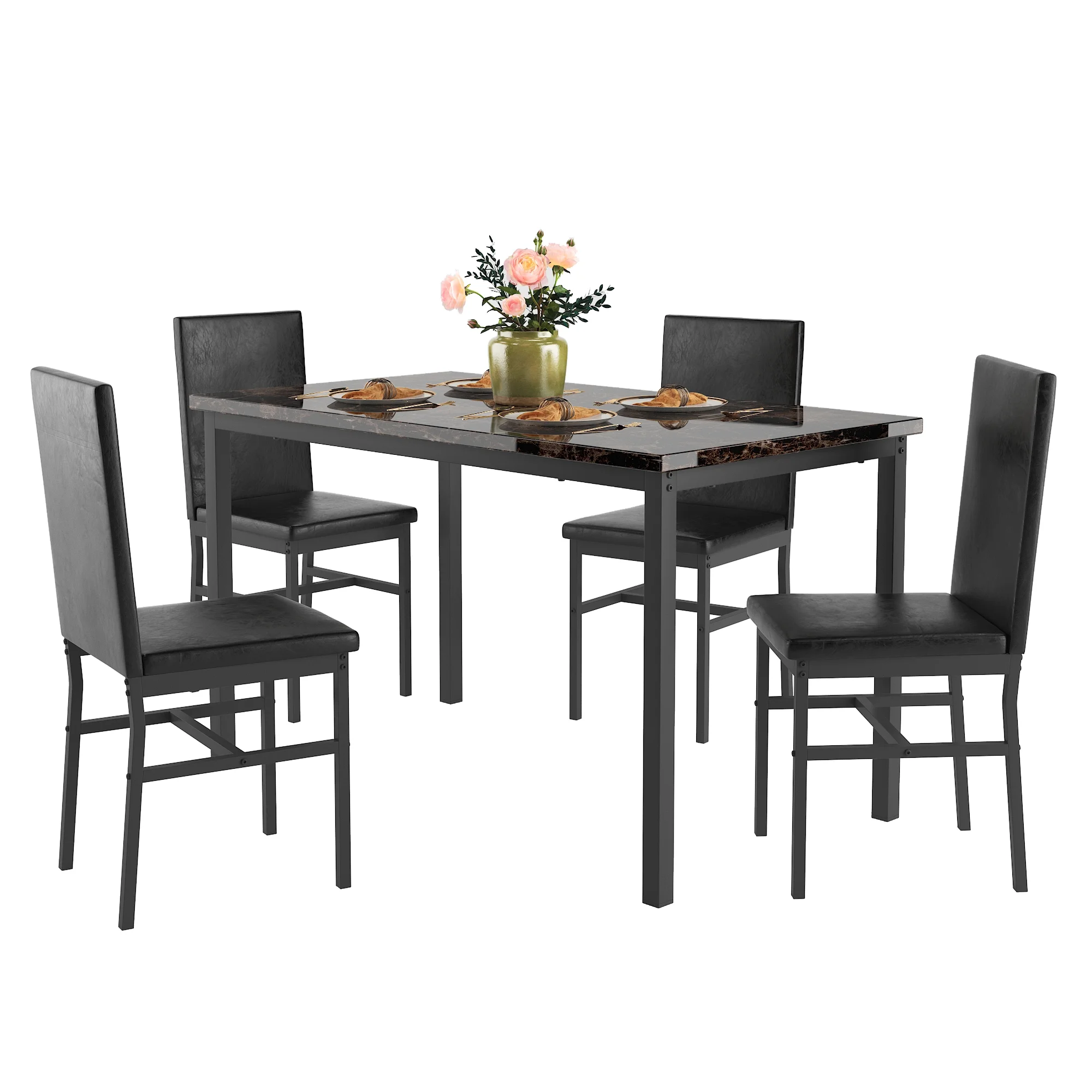5 Piece Dining Set, Modern Dining Table and Chairs Set for 4, Counter Height Bar Table Set, Modern Pub Table with 4 Velvet Fabric Cushioned Stools, Faux Marble Dining Table & Stools Set, D9297 - Image 57