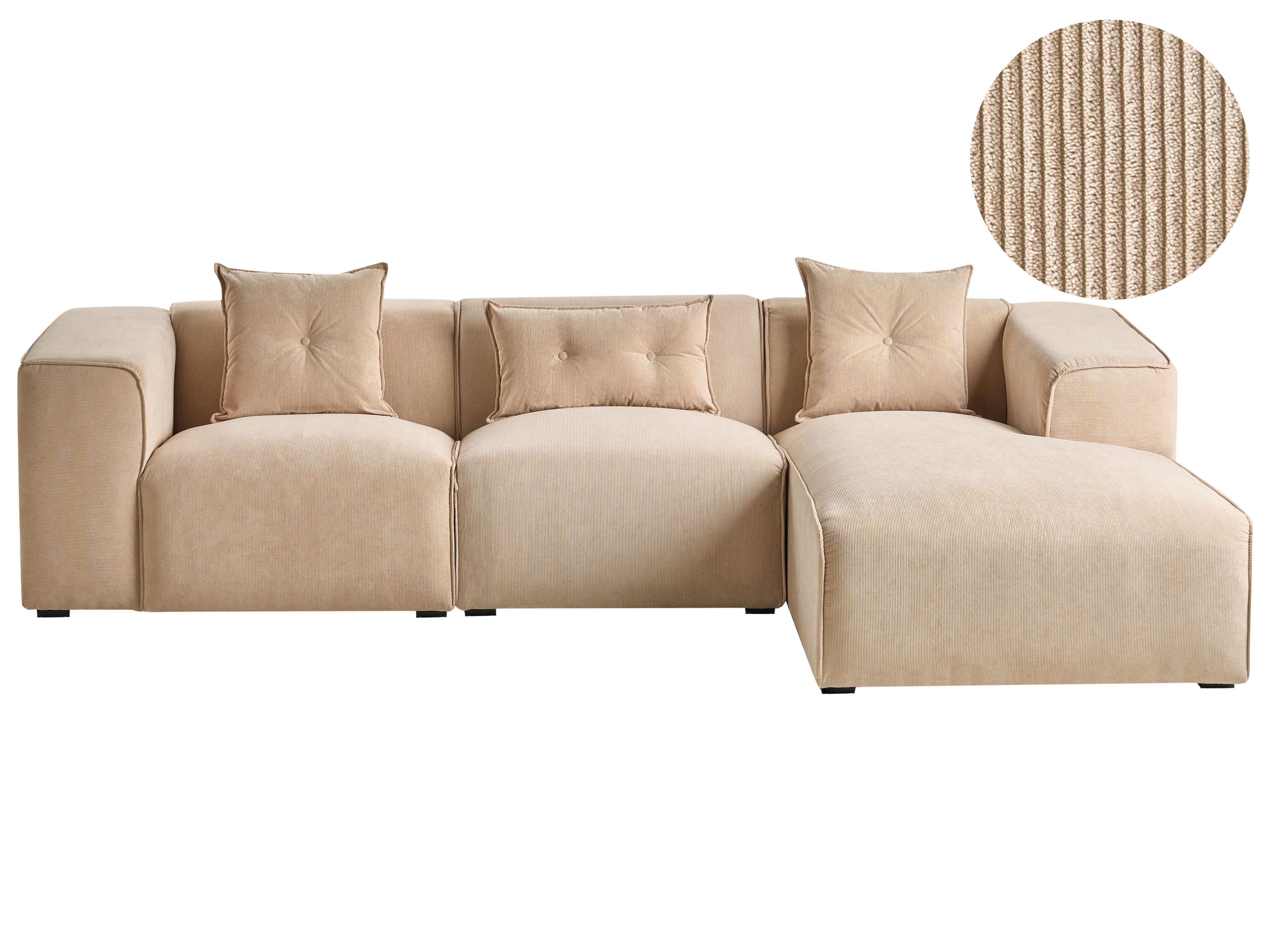 Corner Sofa 3 Seater DOLVA Corduroy Beige Left Hand